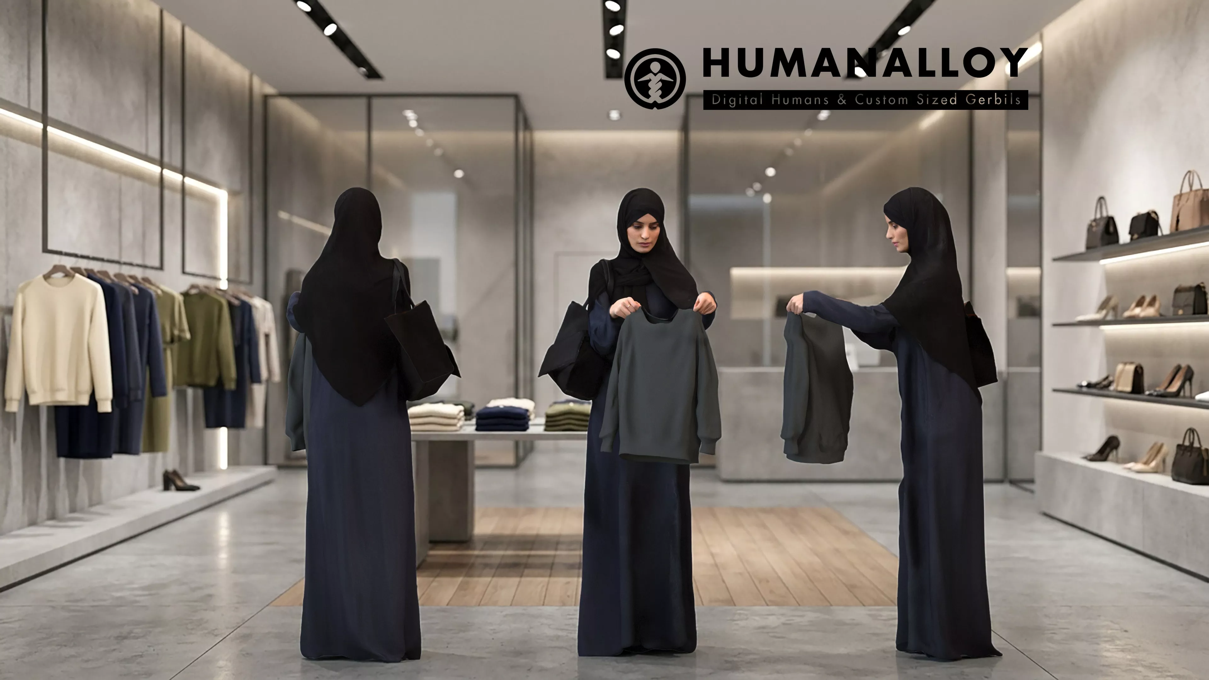 Adult Middle Eastern woman browsing retail space wearing abaya 3D model