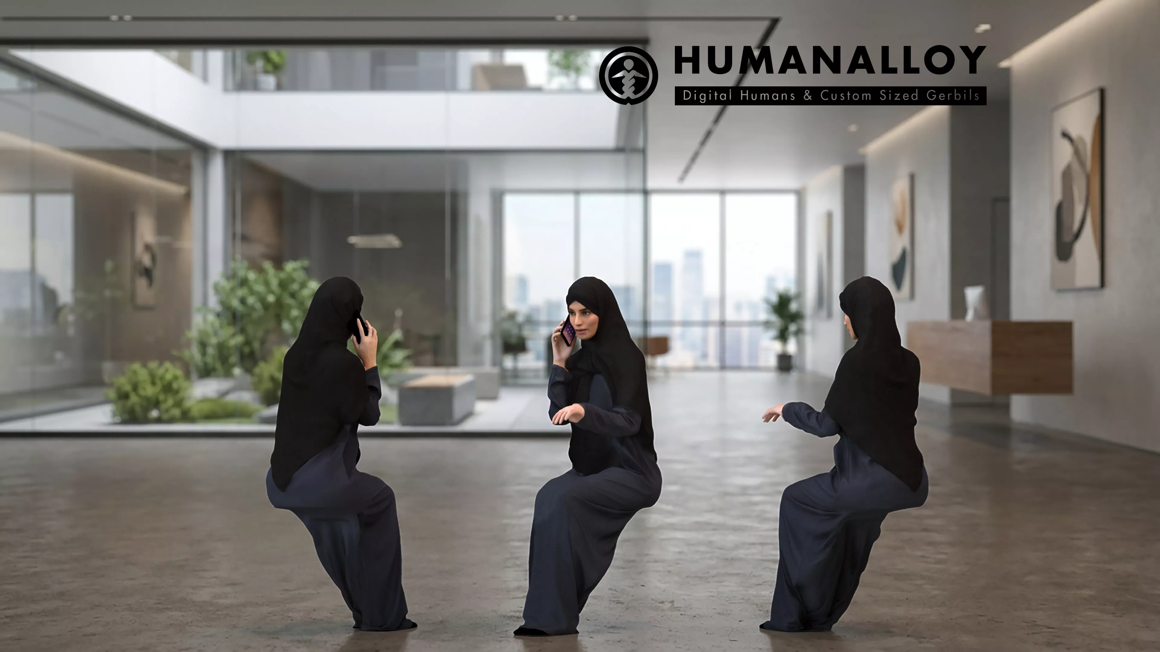 Adult Middle Eastern woman sitting in office 3D model