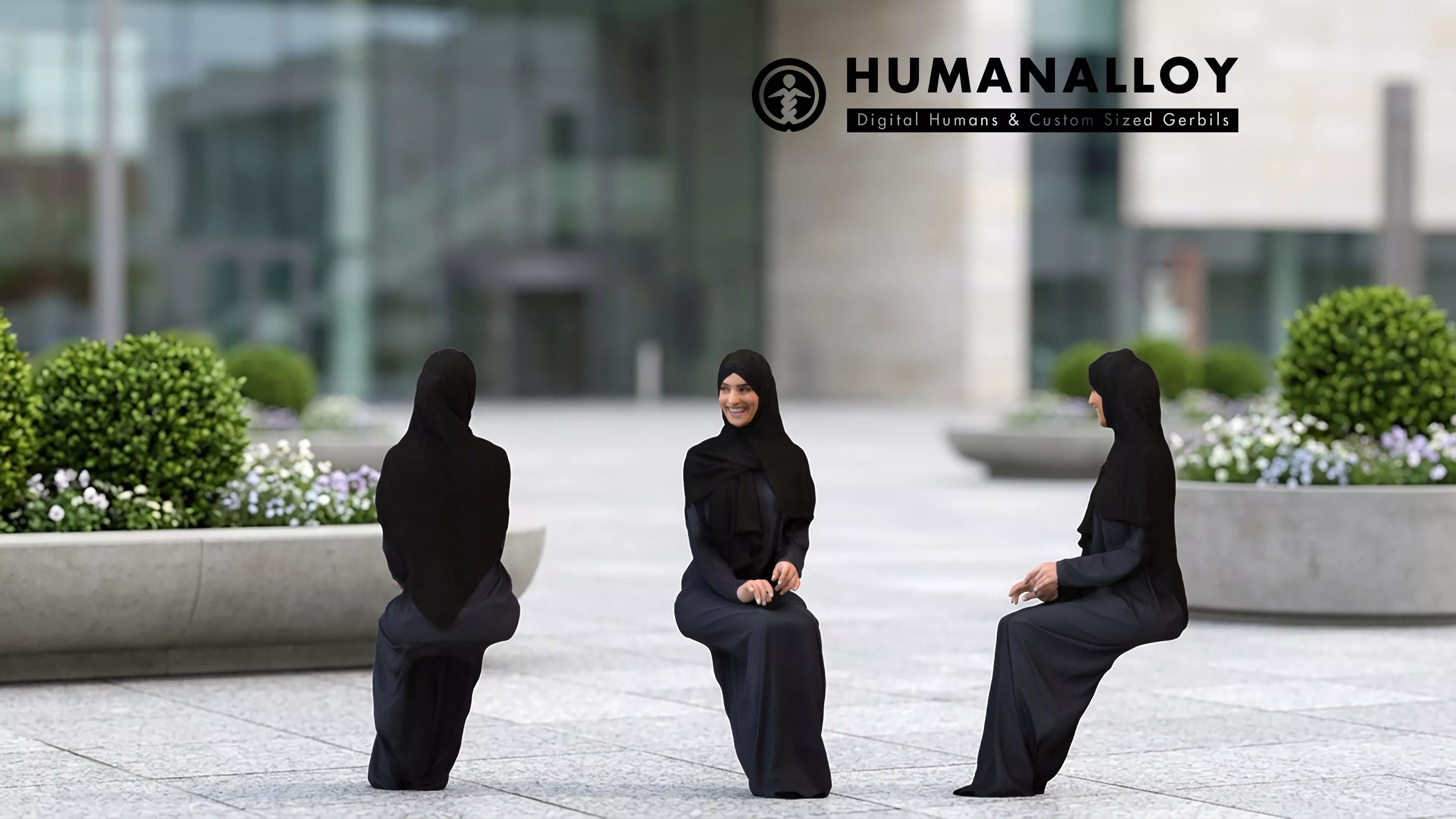 Adult Middle Eastern woman sitting in public space wearing 3D model