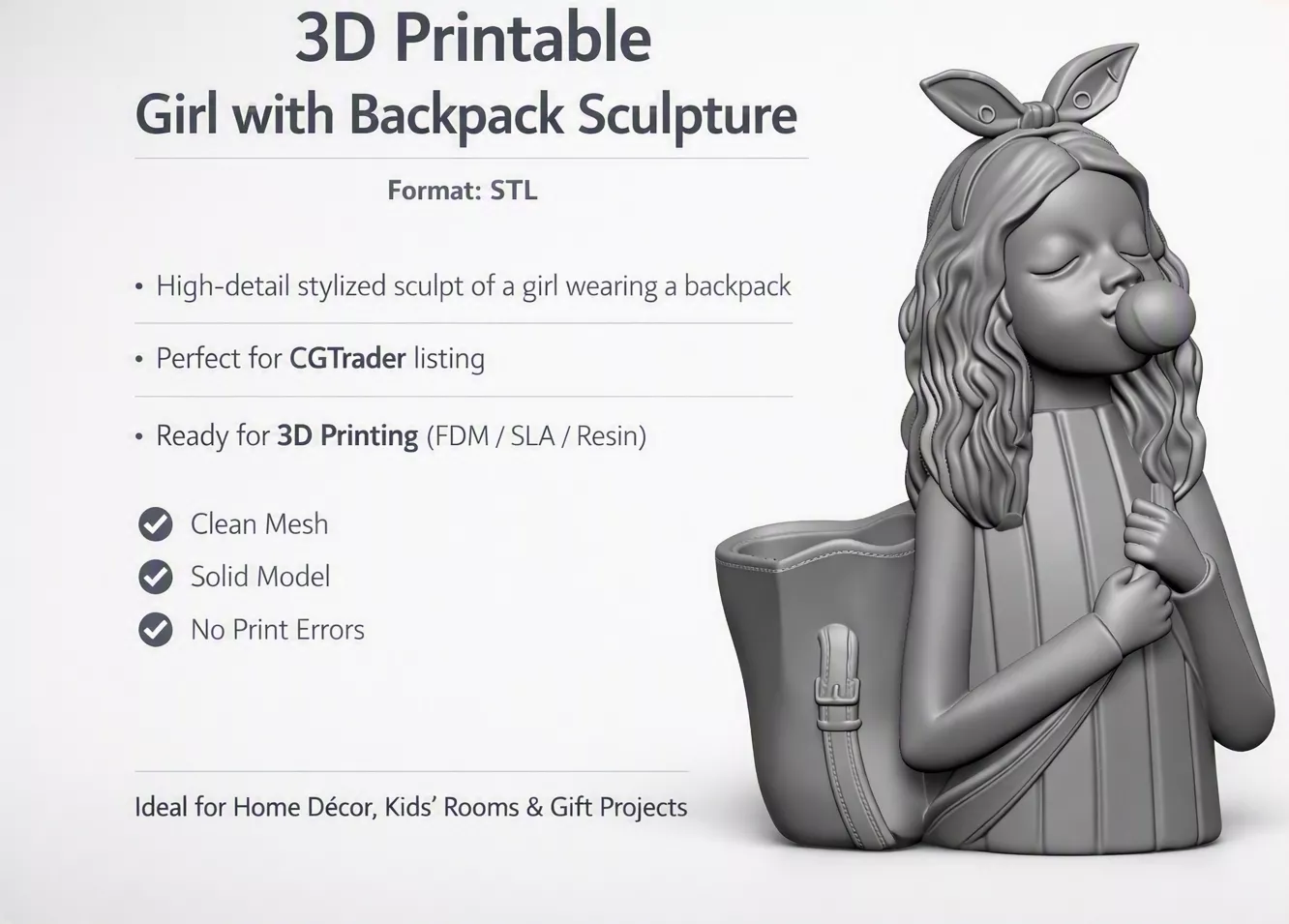 3D Printable Girl with Backpack Sculpture 3D print model