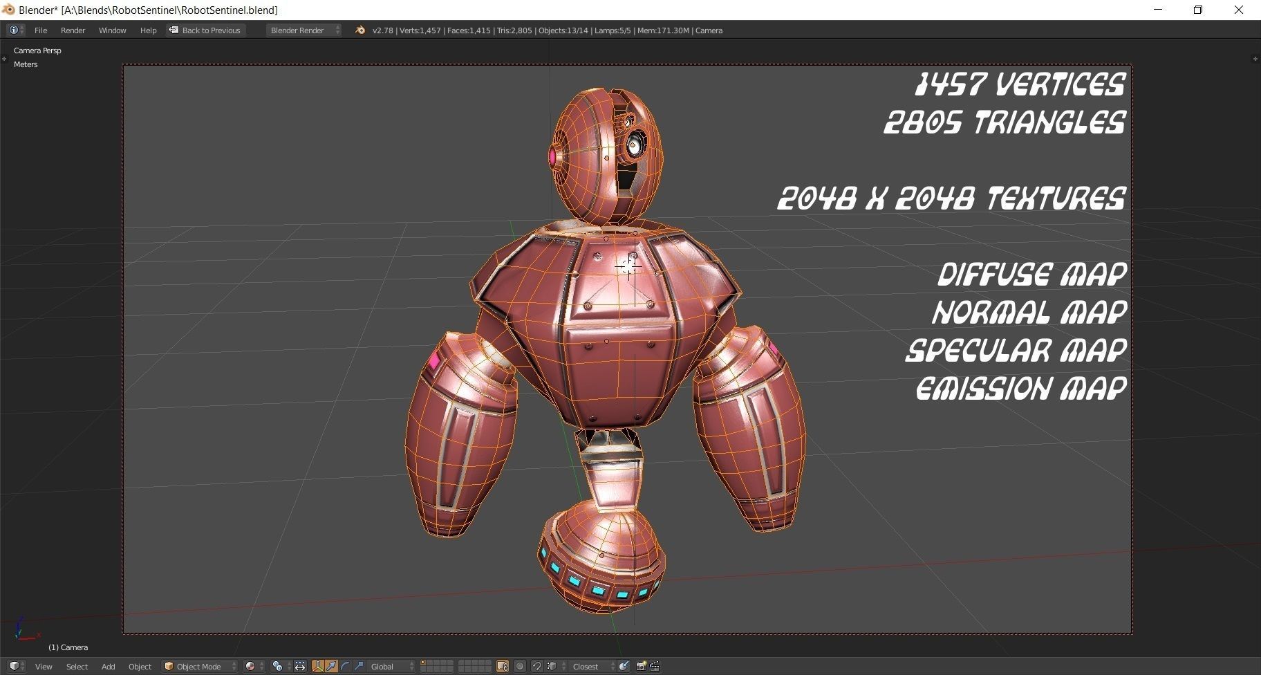 Retro Robot Sentinel -- Game Ready Player or AI Low-poly 3D model_1