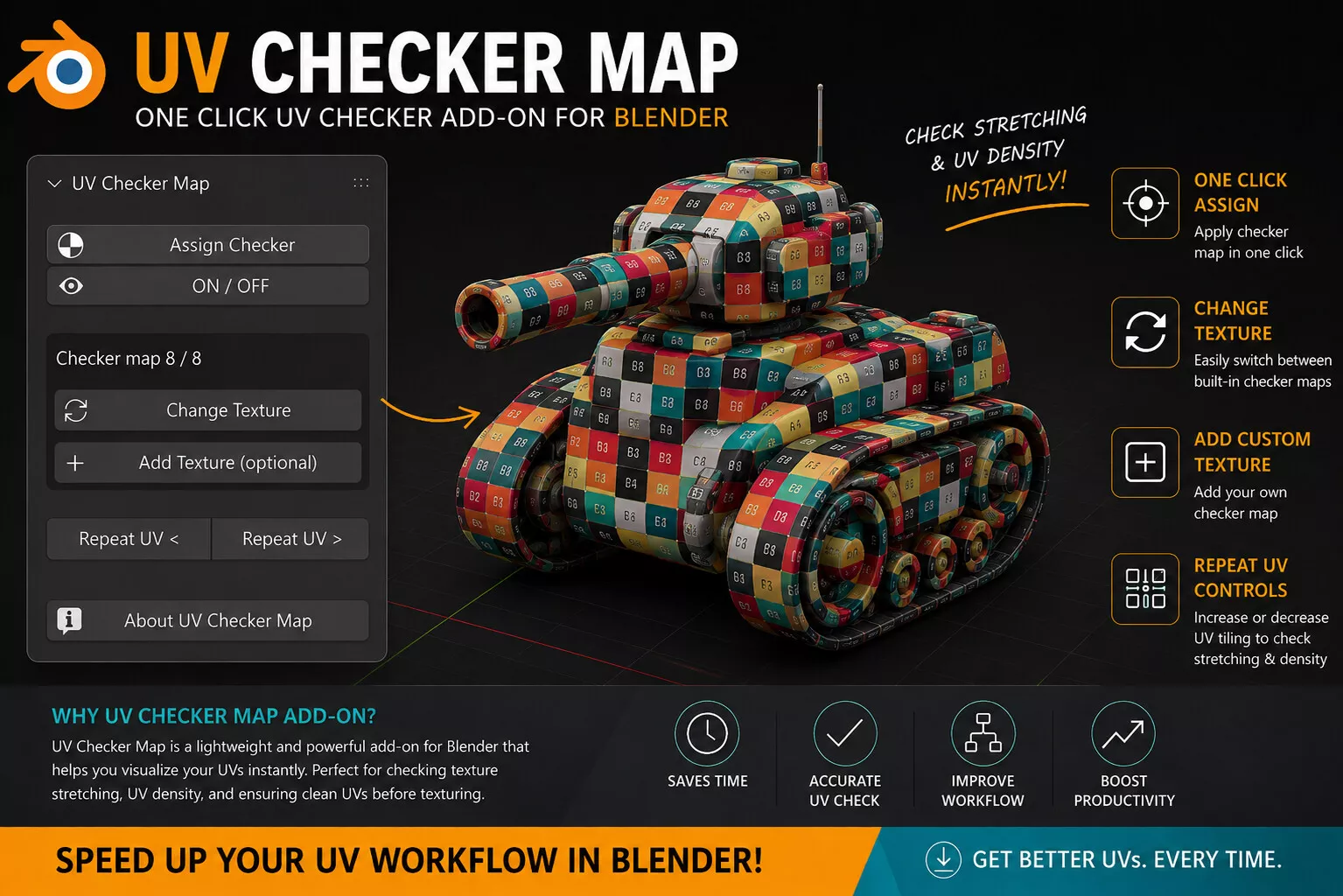 One-Click UV Checker Map Add-on for Blender 3D model