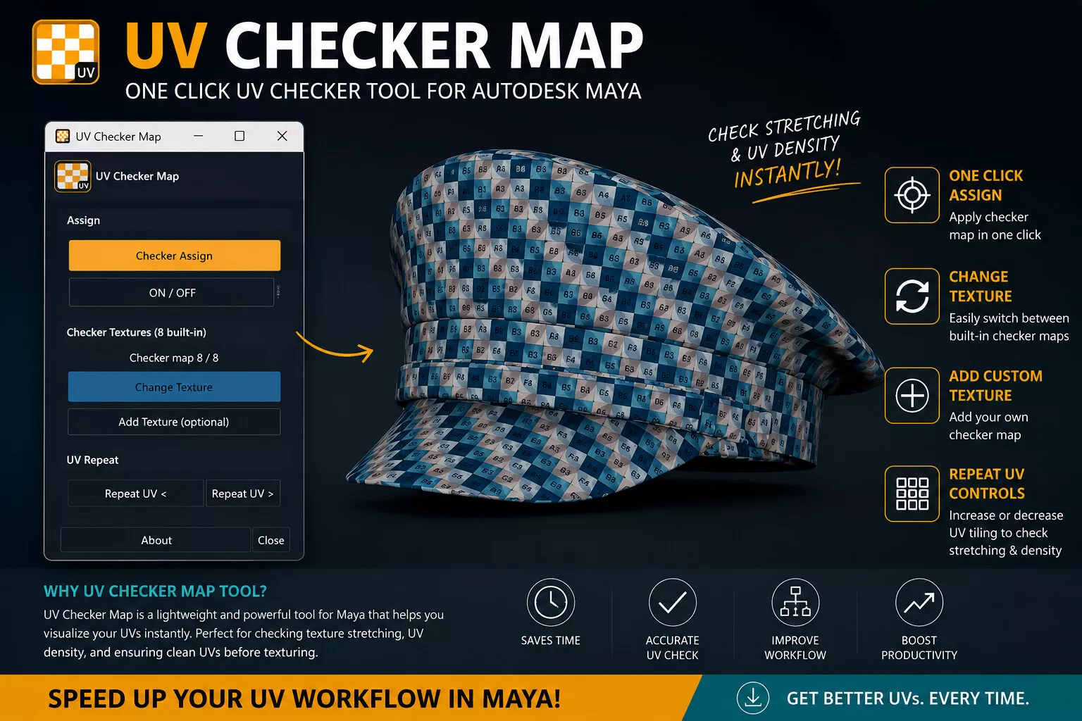 One-Click UV Checker Map Tool for Maya 3D model
