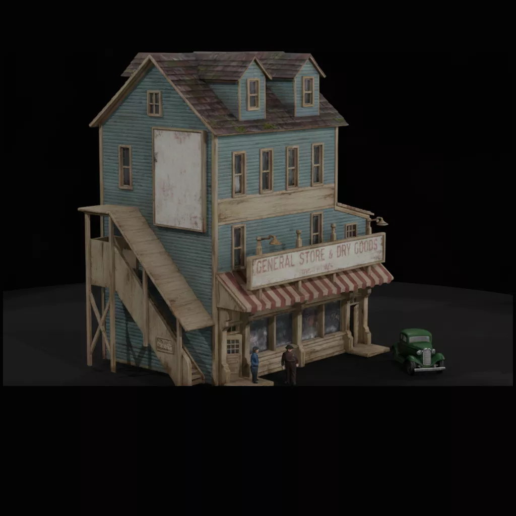 1930s Wooden Corner Storefront with Exterior Stair 3D print model