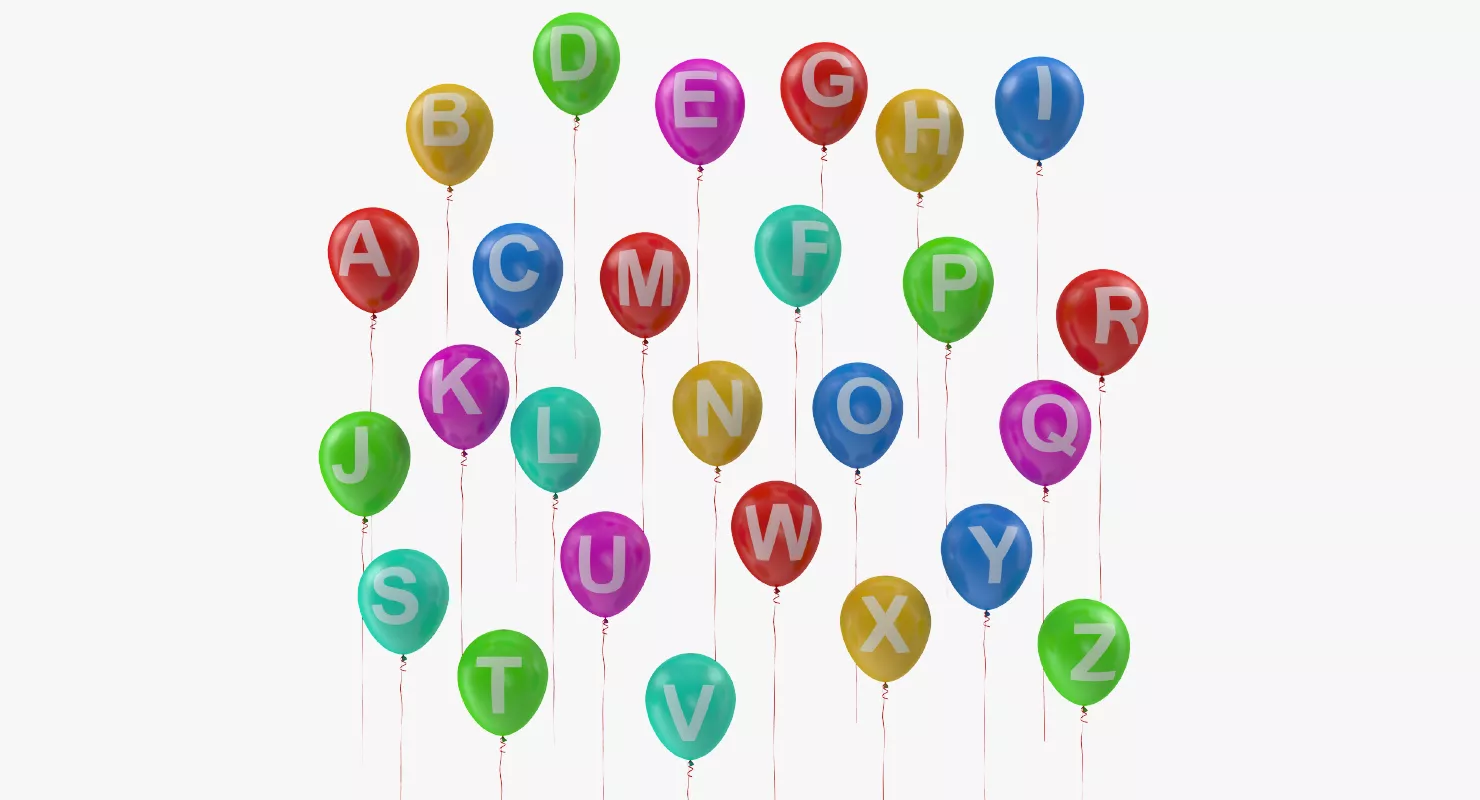 Alphabet on Balloons with Ribbons 3D model