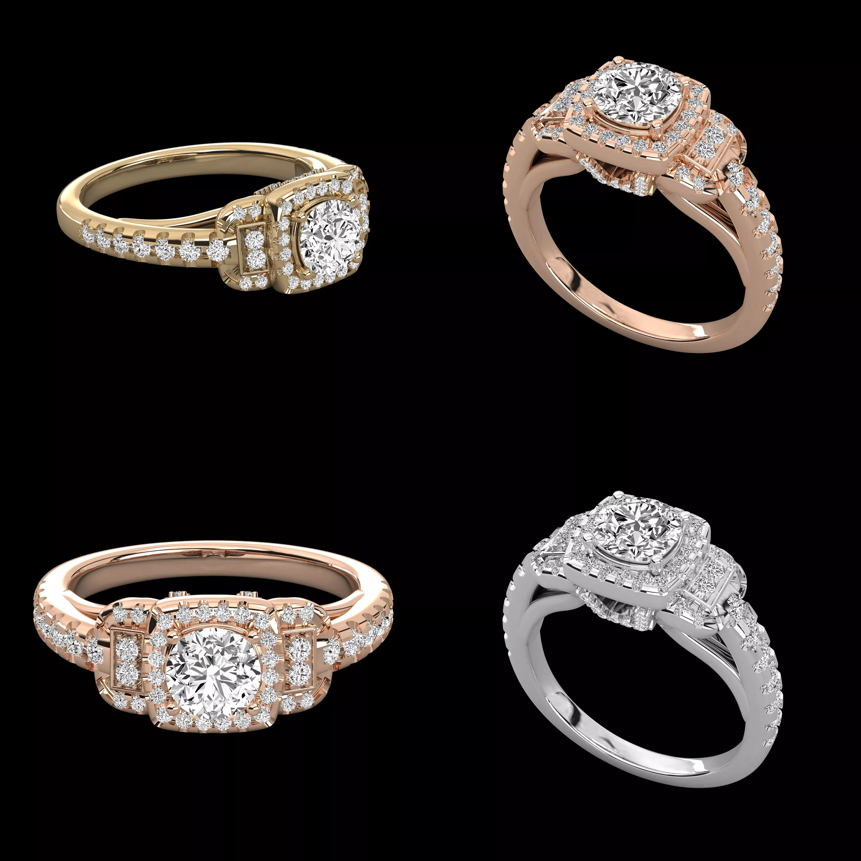 Cushion Halo Diamond Engagement Ring 3D CAD Jewelry Design 3D print model