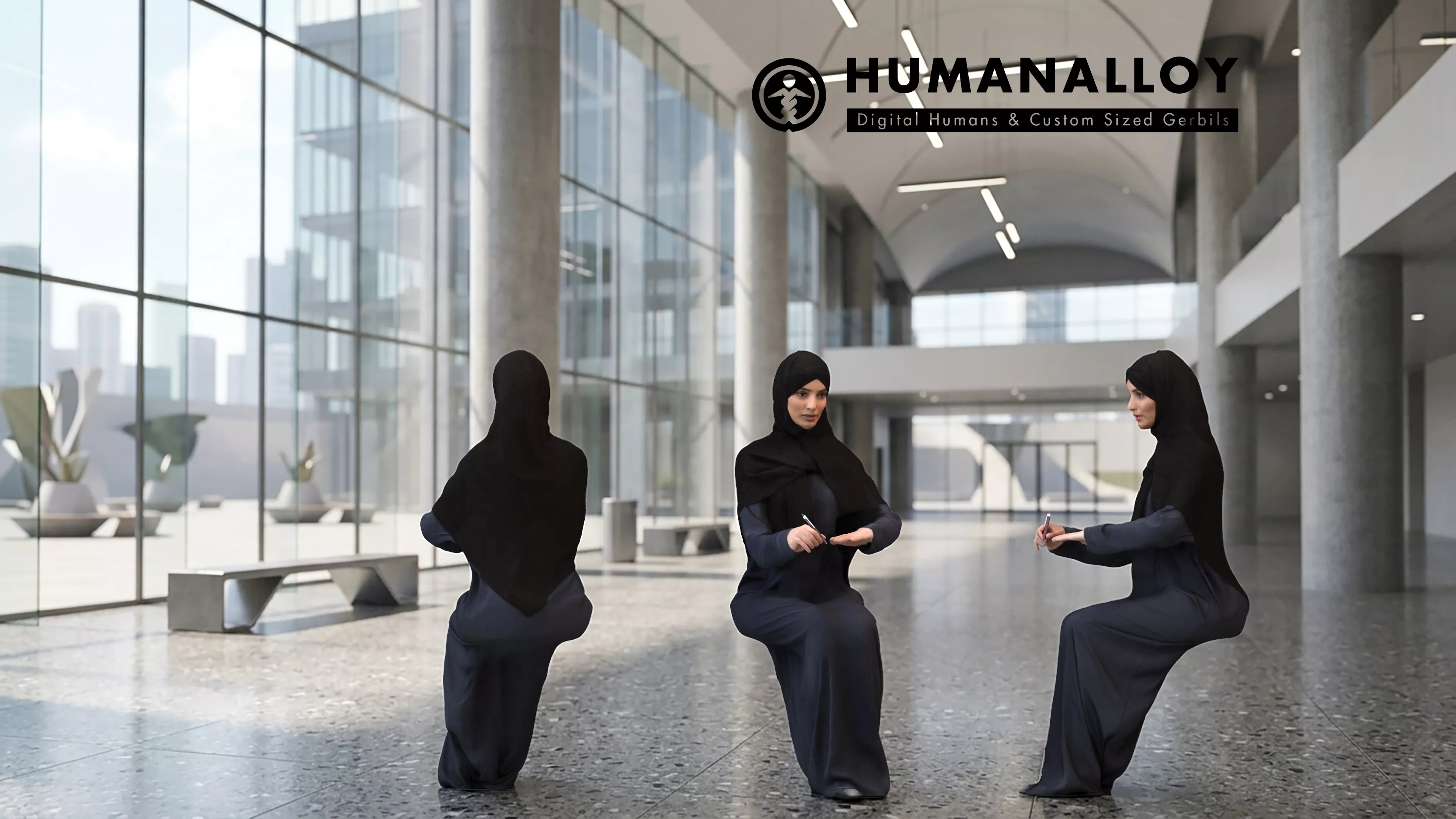 Adult Middle Eastern woman writing with pen in public wearing 3D model
