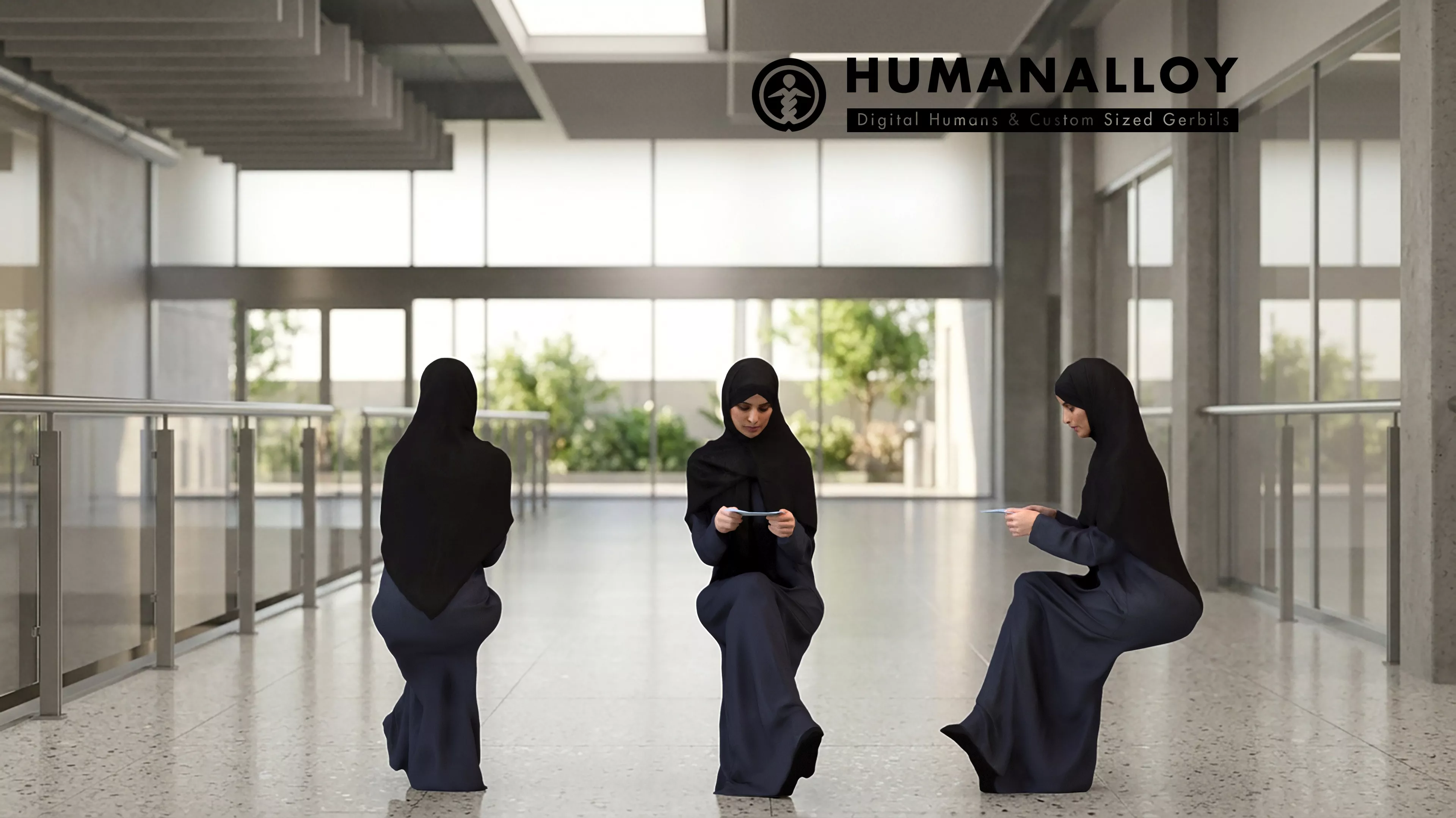 Adult Middle Eastern woman sitting with documents wearing abaya 3D model