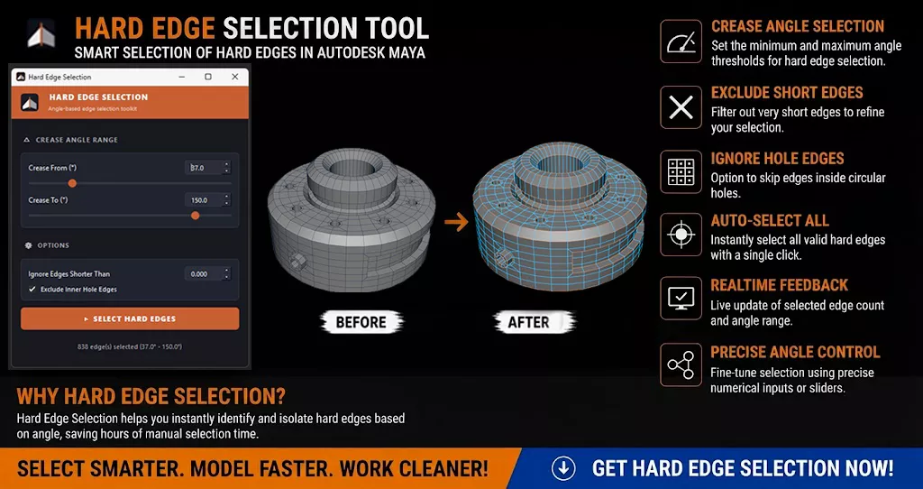 Hard Edge Selection One-Click Tool for Autodesk Maya 3D model