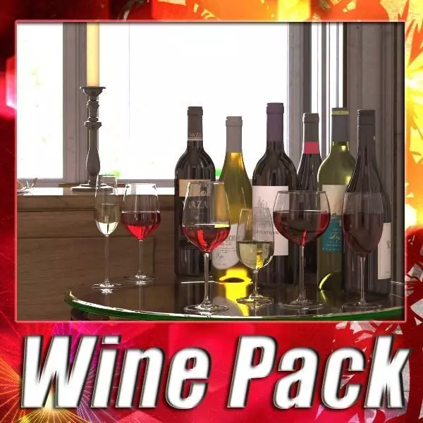6 Wine Bottles and 6 Wine Glasses 3D model