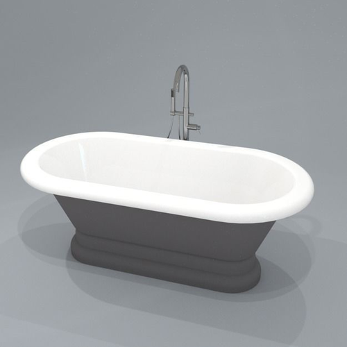 freestanding bathtub with floor mounted chrome tap and shower
