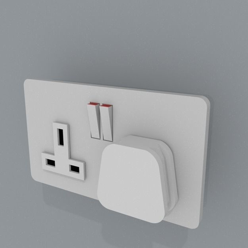 UK double electric socket with plug  Free low-poly 3D model