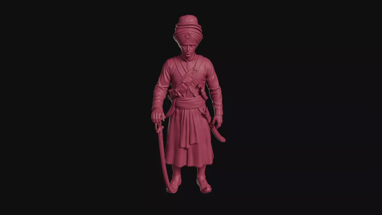 Sikh Akali Nihang at Rest with Quoit-Stacked Turban and Tulwar 3D print model