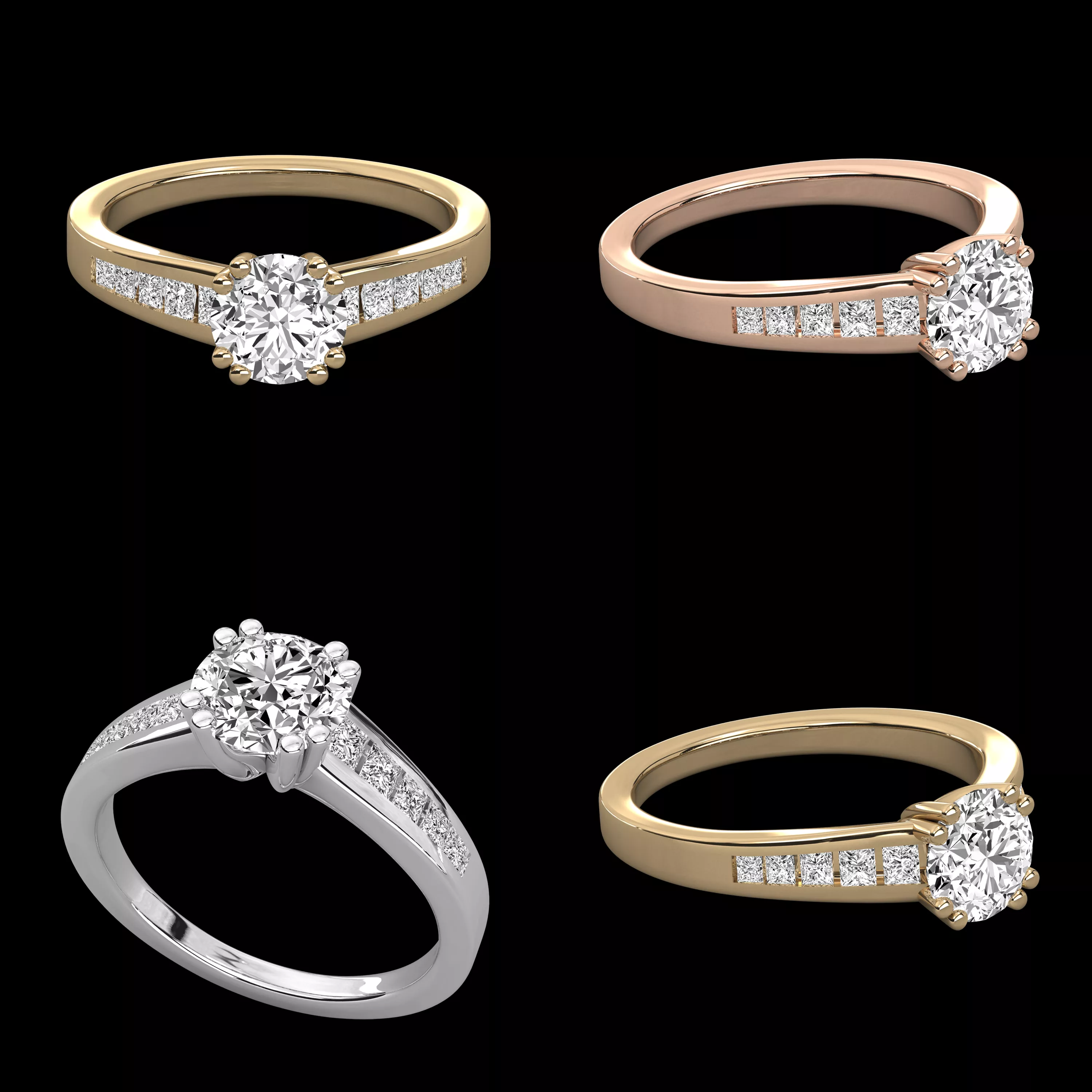 Classic Solitaire Diamond Ring with Baguette Side Stones CAD 3D print model
