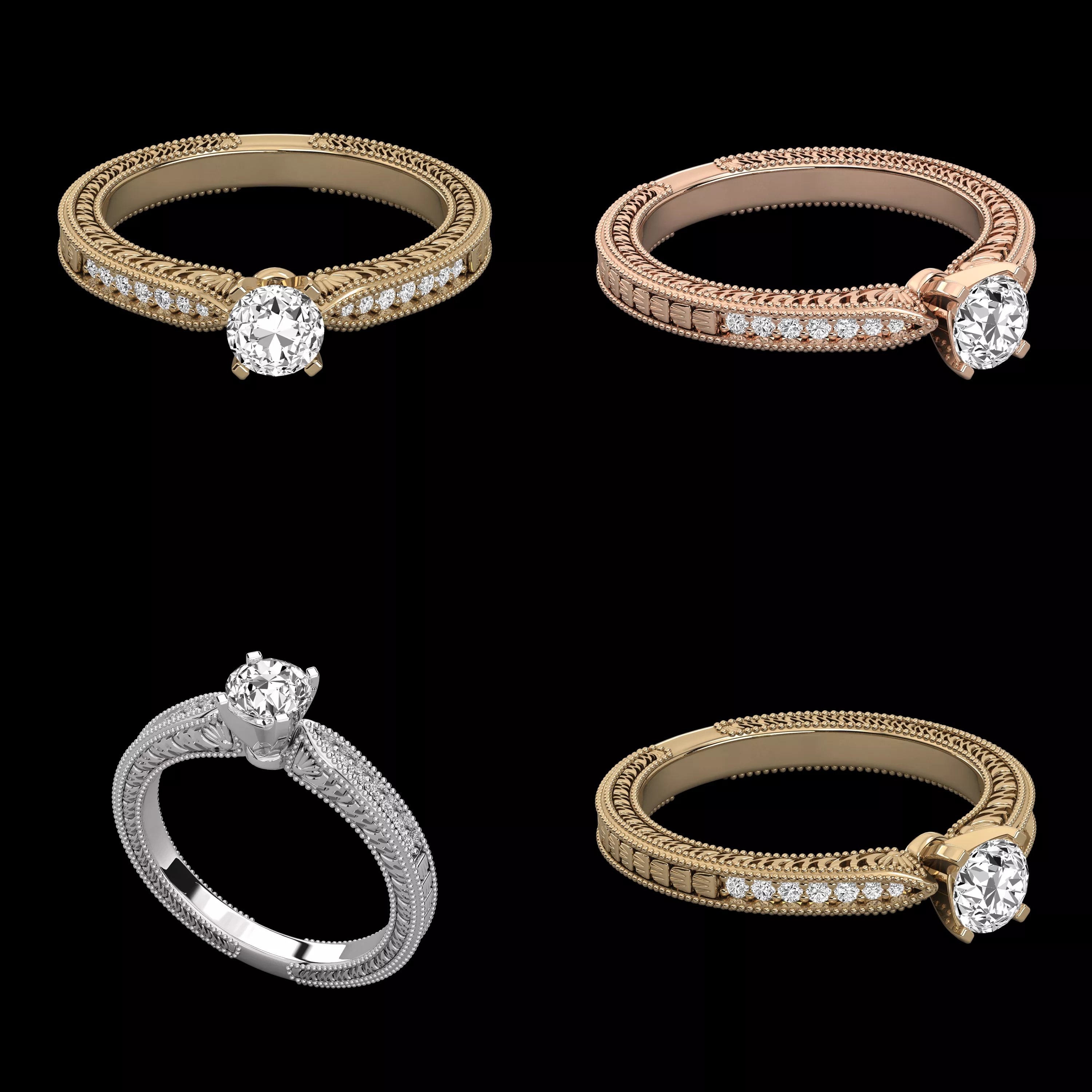 Detailed Diamond Engagement Ring Set 4 Jewelry CAD 3DM 3D print model