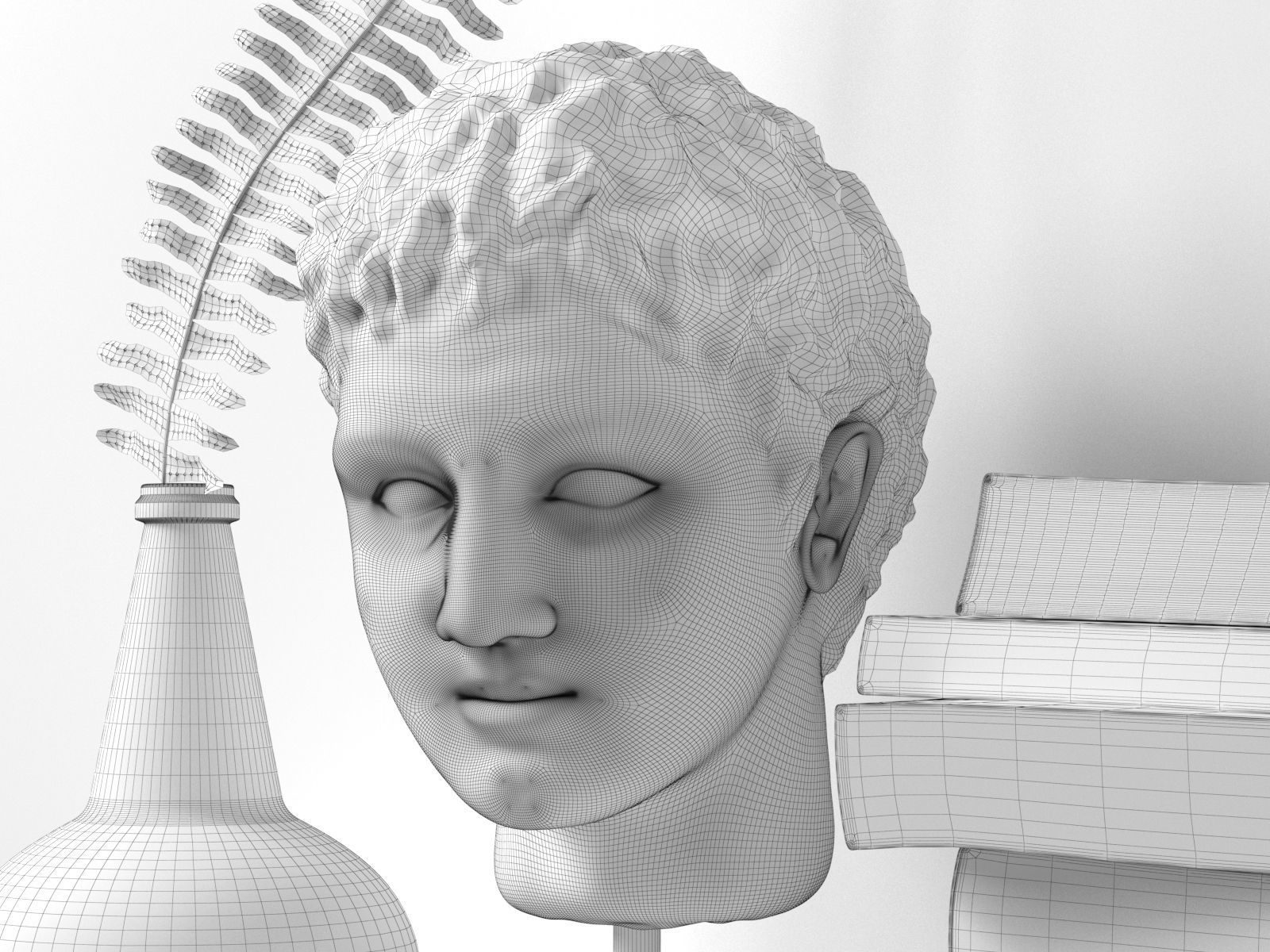 Shelf with Books Plant and Head Sculpture 3D model_2