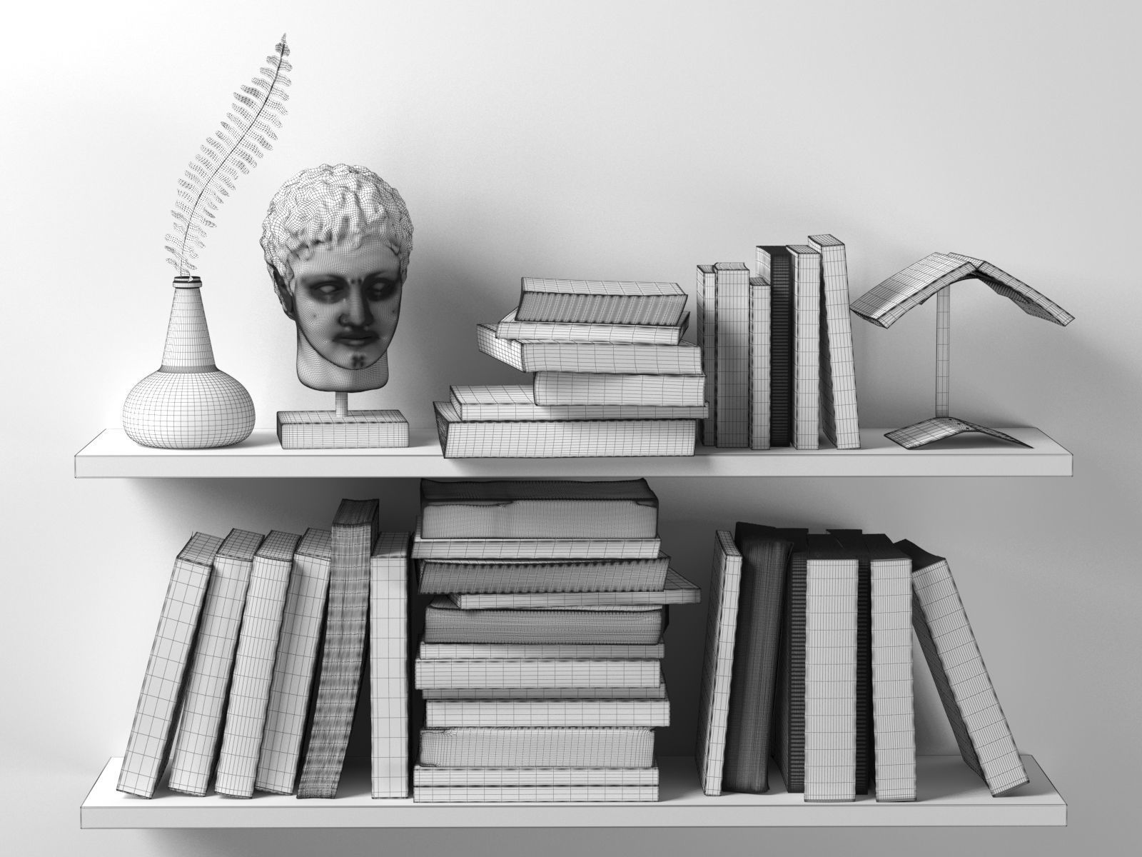 Shelf with Books Plant and Head Sculpture 3D model_1