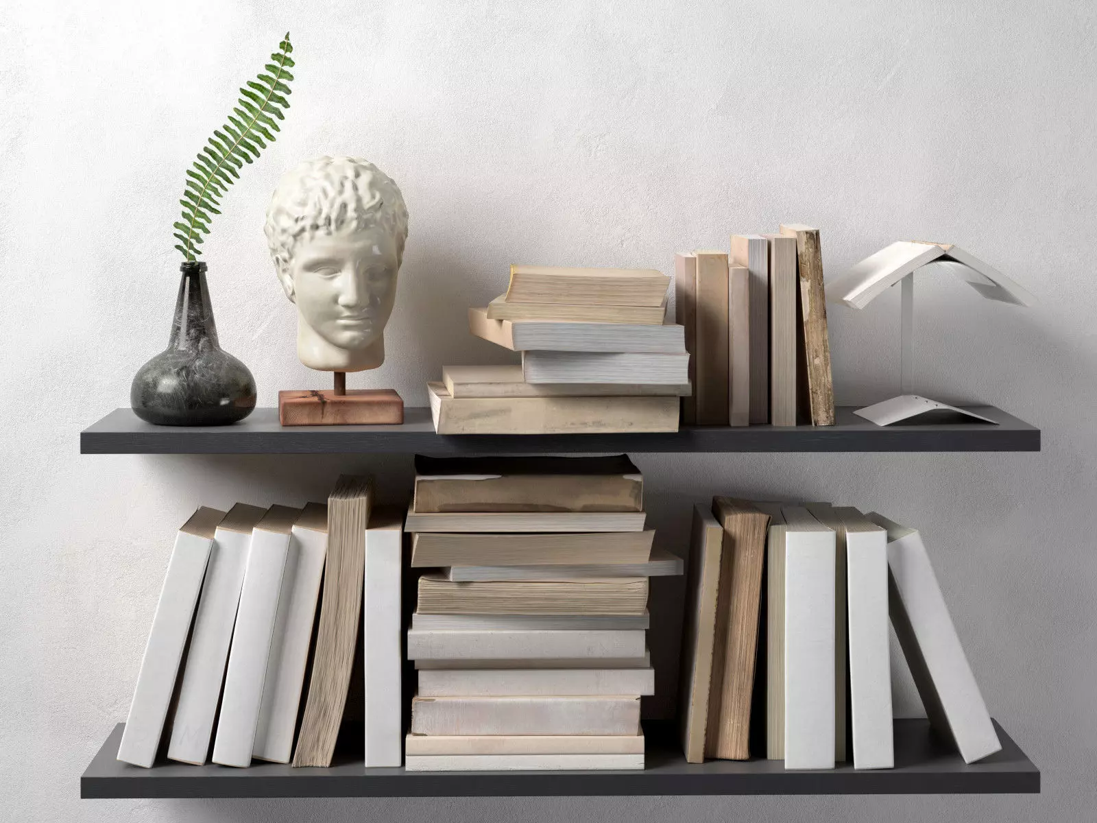 Shelf with Books Plant and Head Sculpture 3D model_0