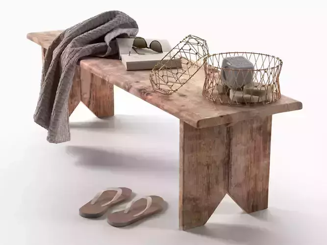 Old Bench with Towel Glasses and Soaps