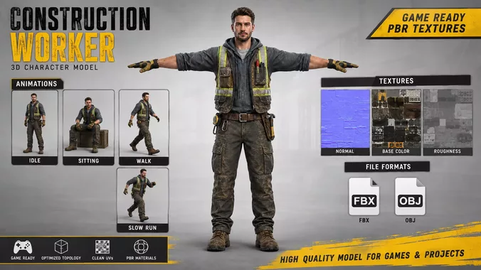 Construction Worker 3D Character Game Ready PBR Model