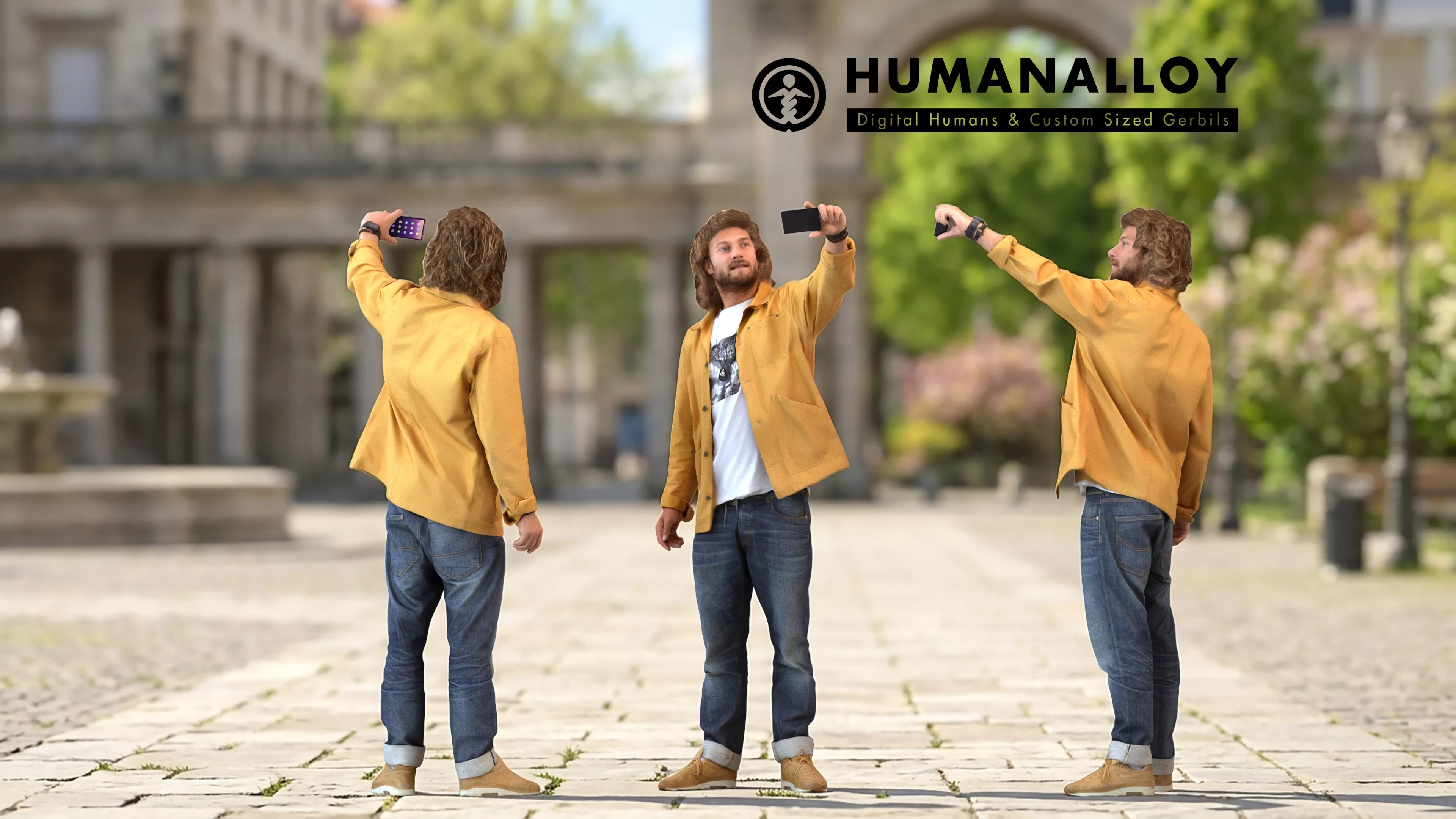 Adult Caucasian man taking photo with smartphone in autumn 3D model