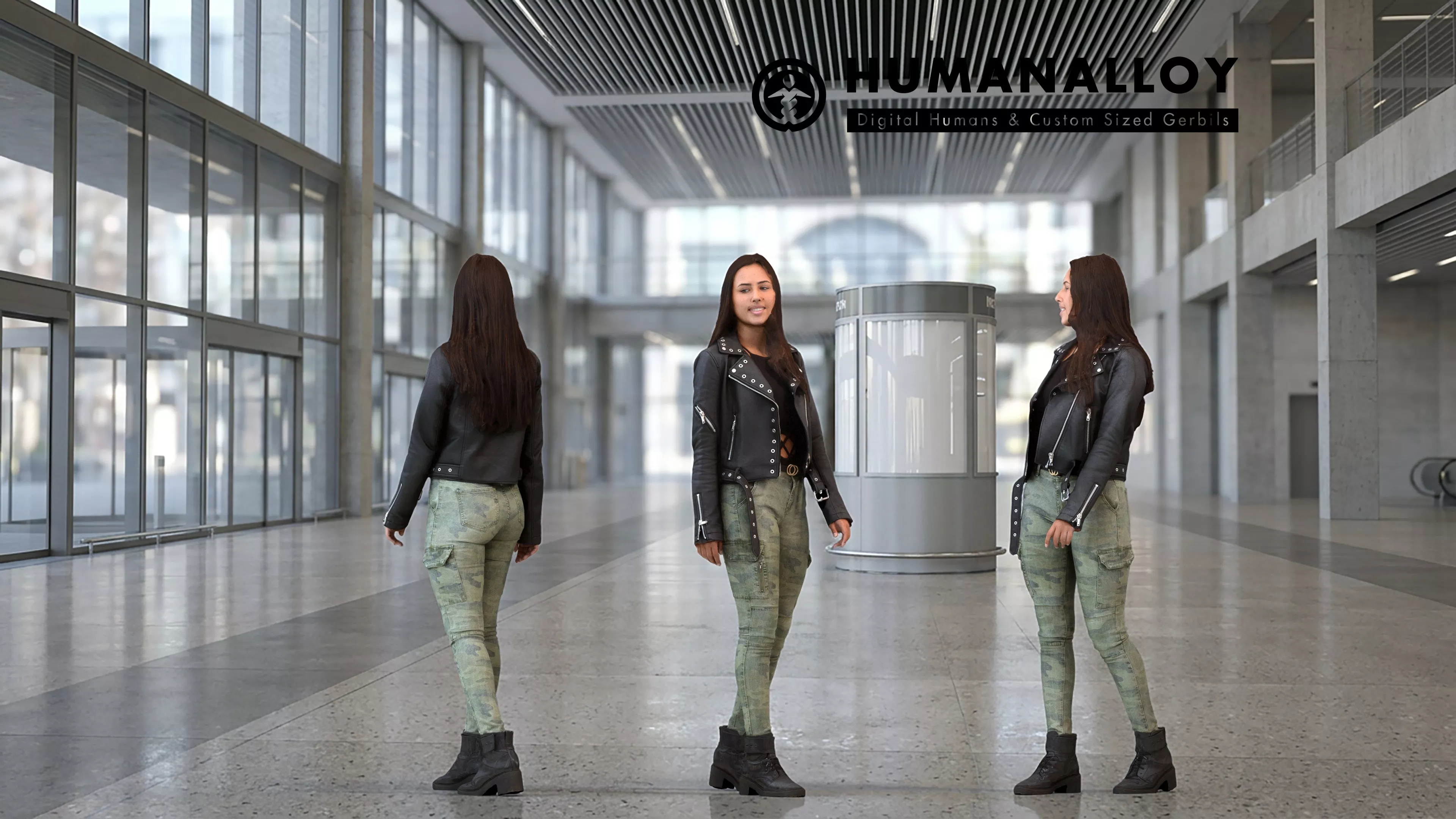 Adult Indian woman walking through public space carrying bag in 3D model