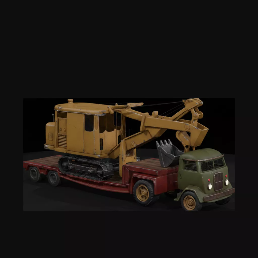 Excavator on Lowboy Trailer 3D print model