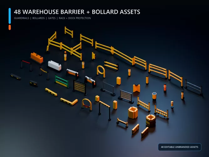 Industrial Warehouse Barriers and Bollards Kit - 48 Assets