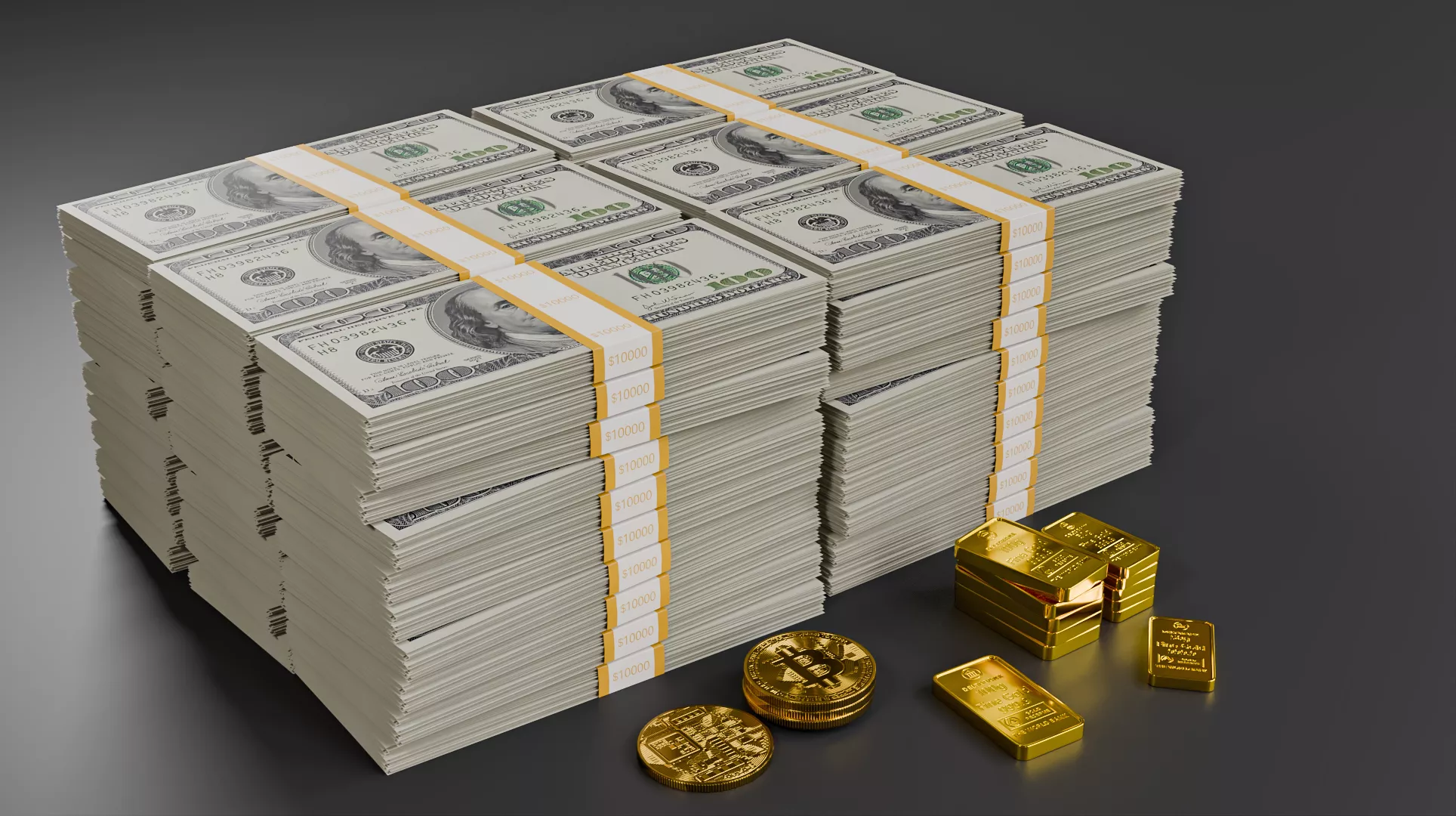 Financial Money Set - Dollar Stacks Gold Bars Bitcoin Coins Low-poly 3D model