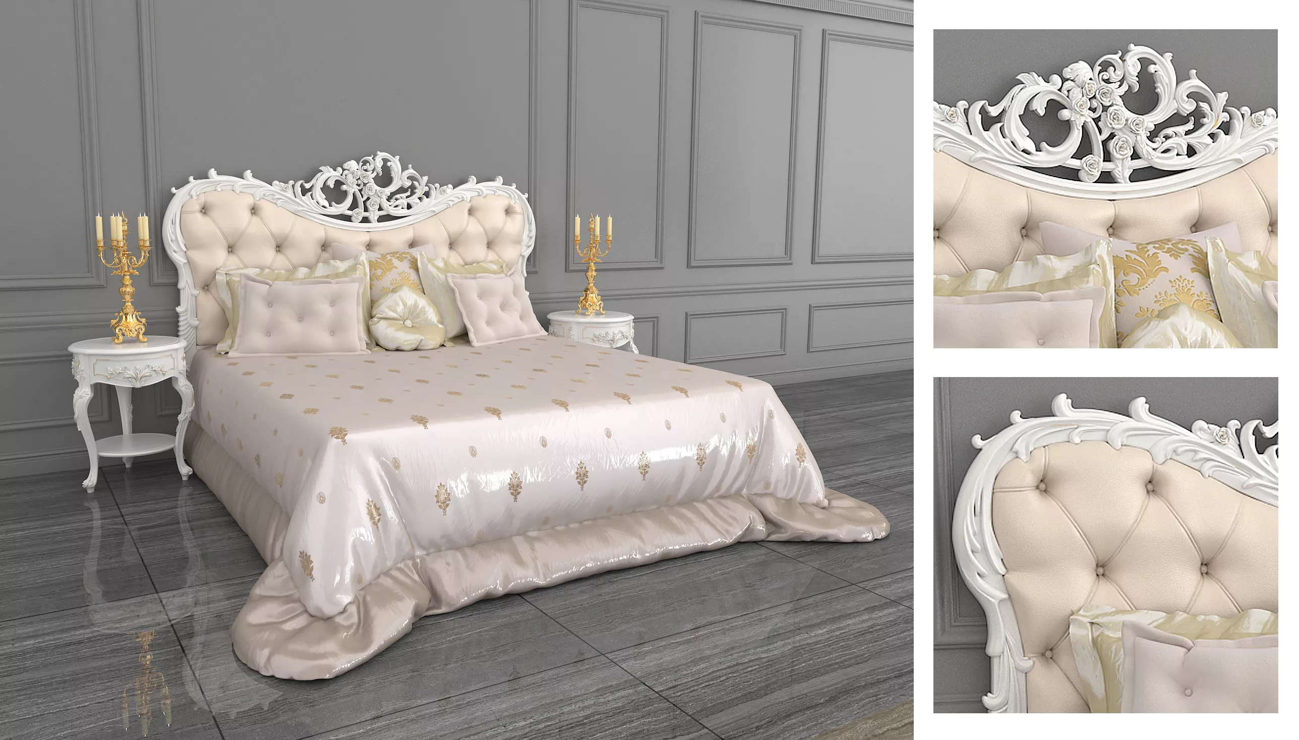 Victorian Style Tufted Bed with Nightstands 10 3D model