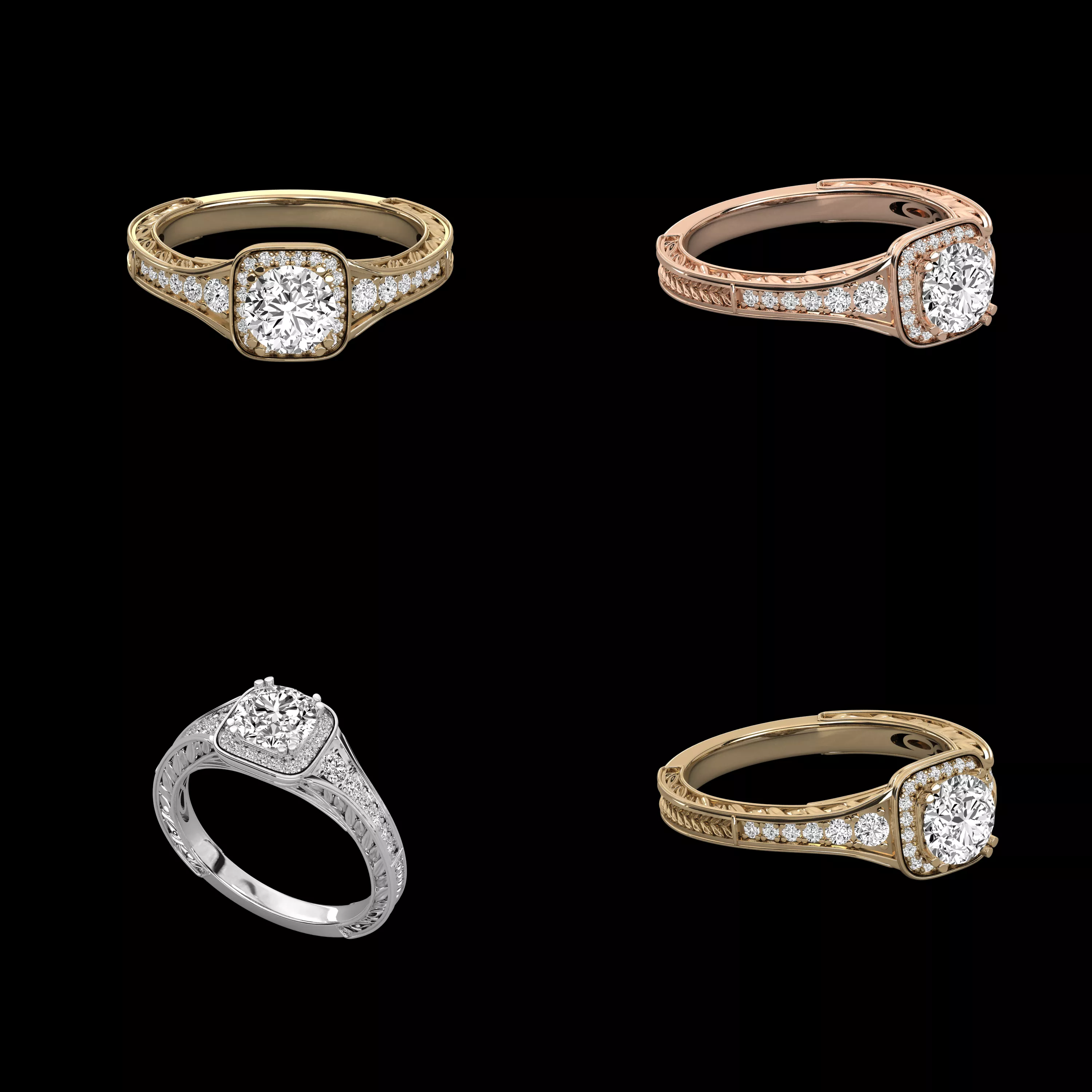 Vintage Cushion Halo Diamond Engagement Ring 3D Model 3D print model