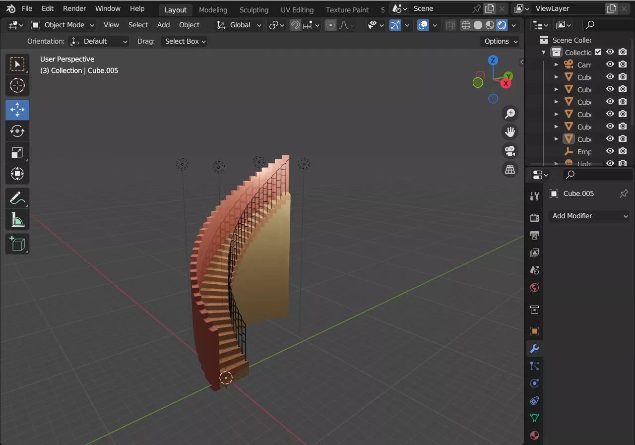 Modern Curved Wooden Staircase with Wall and Metal Railing Low-poly 3D model