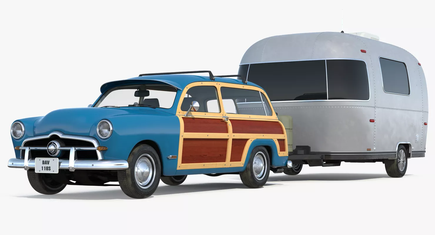 Retro Car with Retro Airstream Trailer 3D model