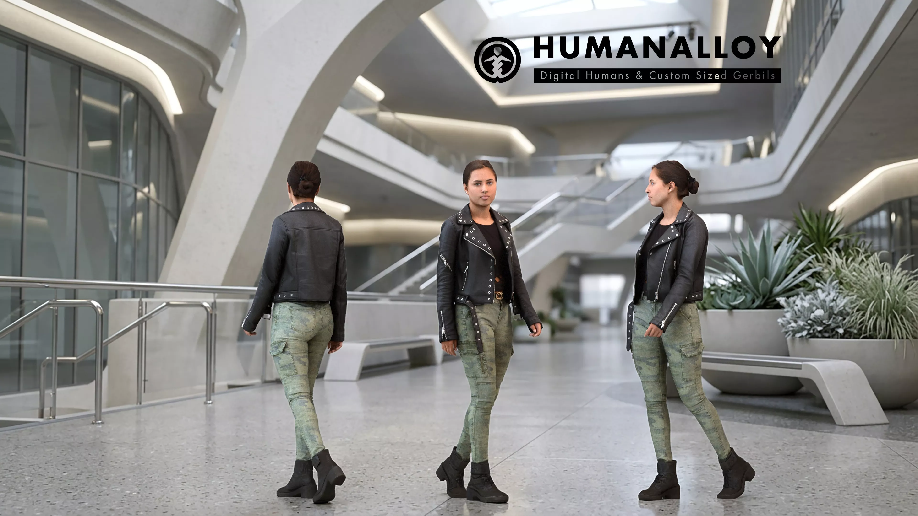 Adult Caucasian woman walking through public space in 3D model