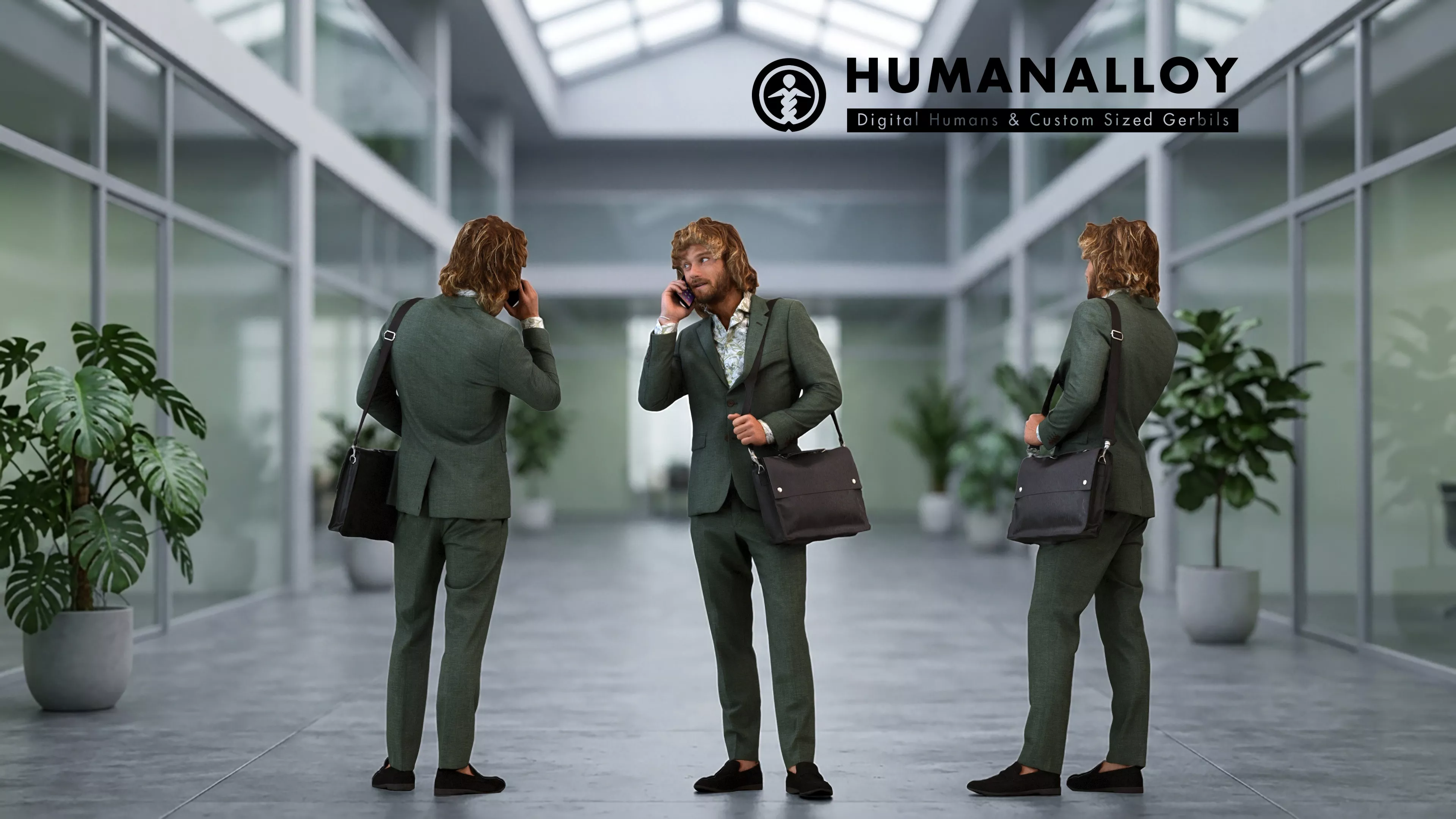 Adult Caucasian man calling in office wearing transitional 3D model