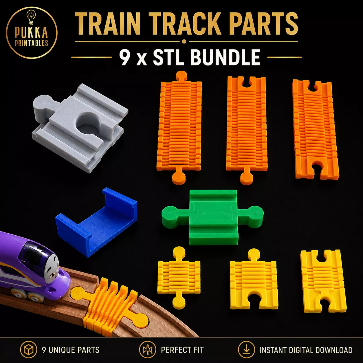 Wooden Train Track Pieces STL Brio and Thomas Compatible 9 parts 3D print model