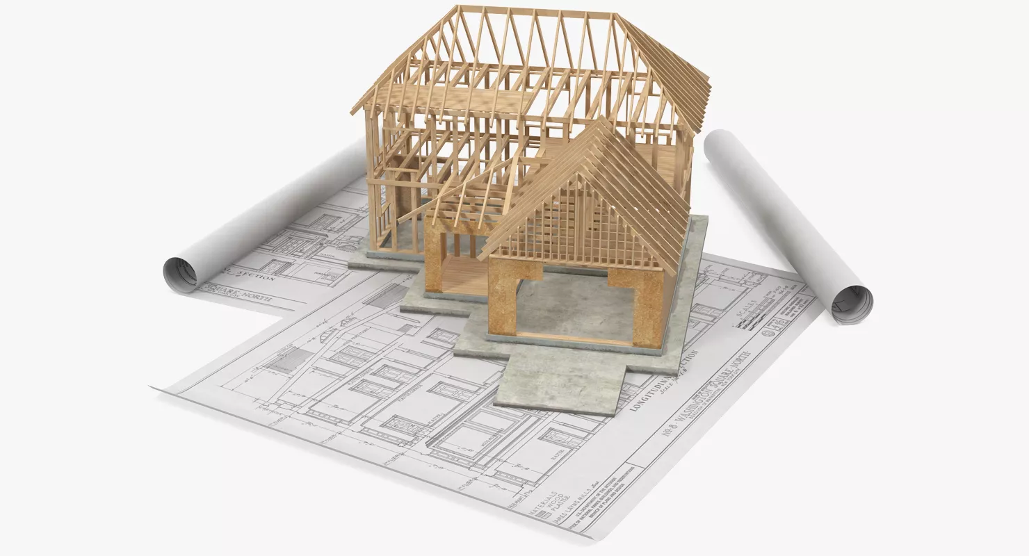 House Construction On Blueprints 3D model