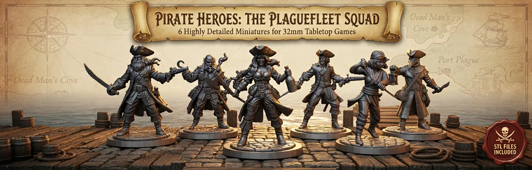 Pirate Heroes Set Tabletop RPG Miniatures 32mm Scale 3D print model