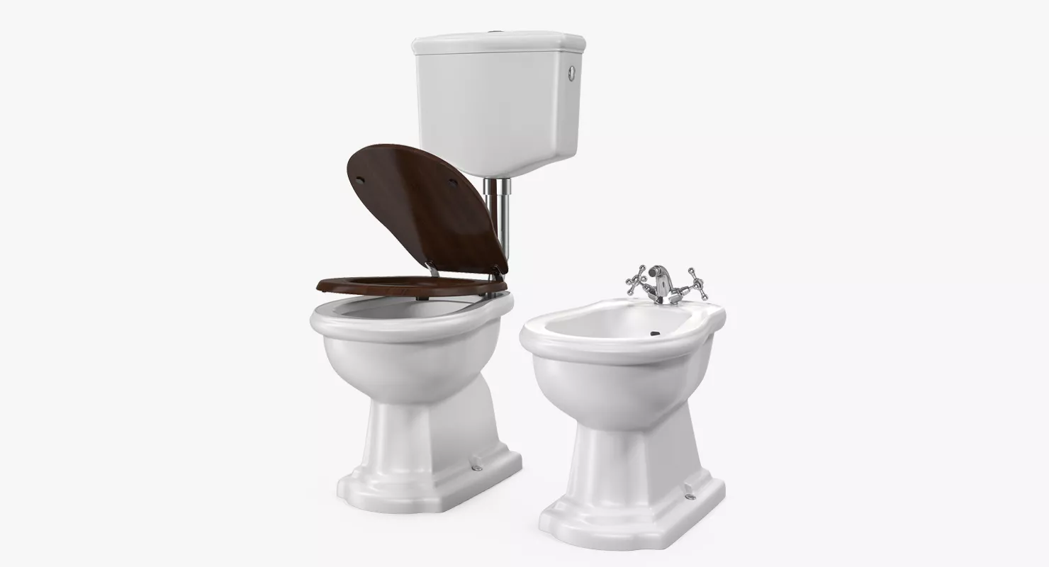 Old Style High Level Toilet and Bidet 3D model
