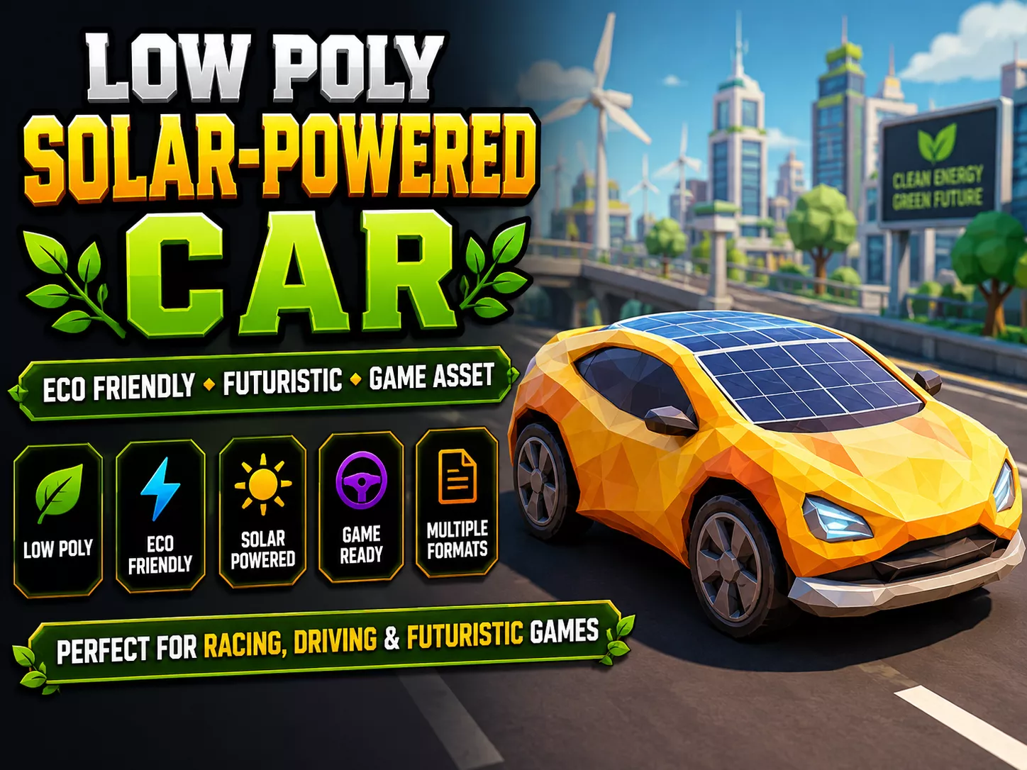 Low Poly Solar Powered Car 3D Model Eco Friendly Vehicle Game Low-poly 3D model