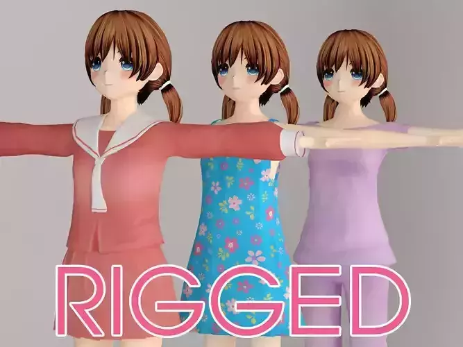 T pose rigged model of Keiko anime girl