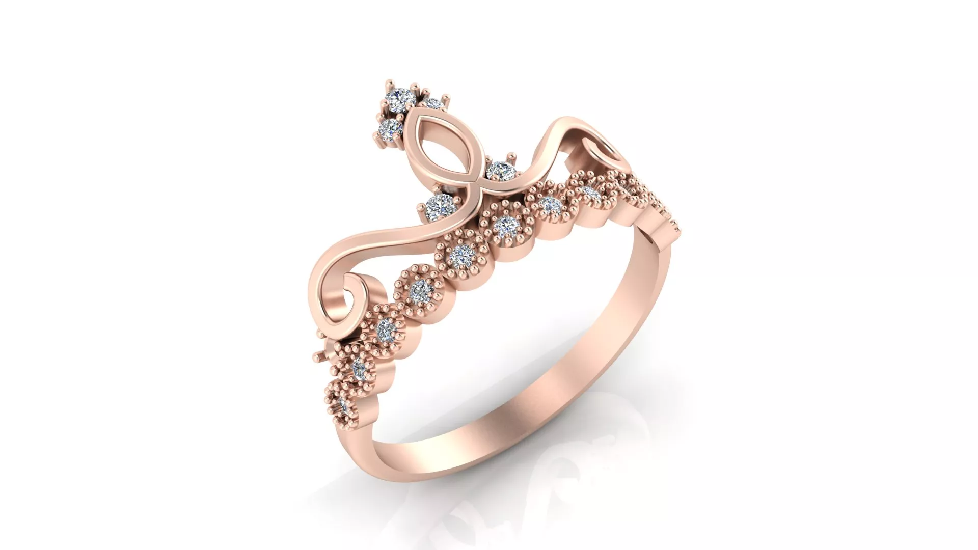 Rose Gold Crown Tiara Diamond Band Princess Ring 3D print model