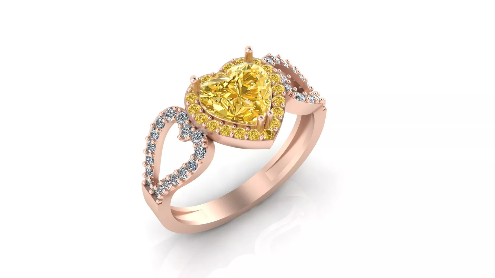 Rose Gold Yellow Heart Diamond Halo Heart Side Band Ring 3D print model