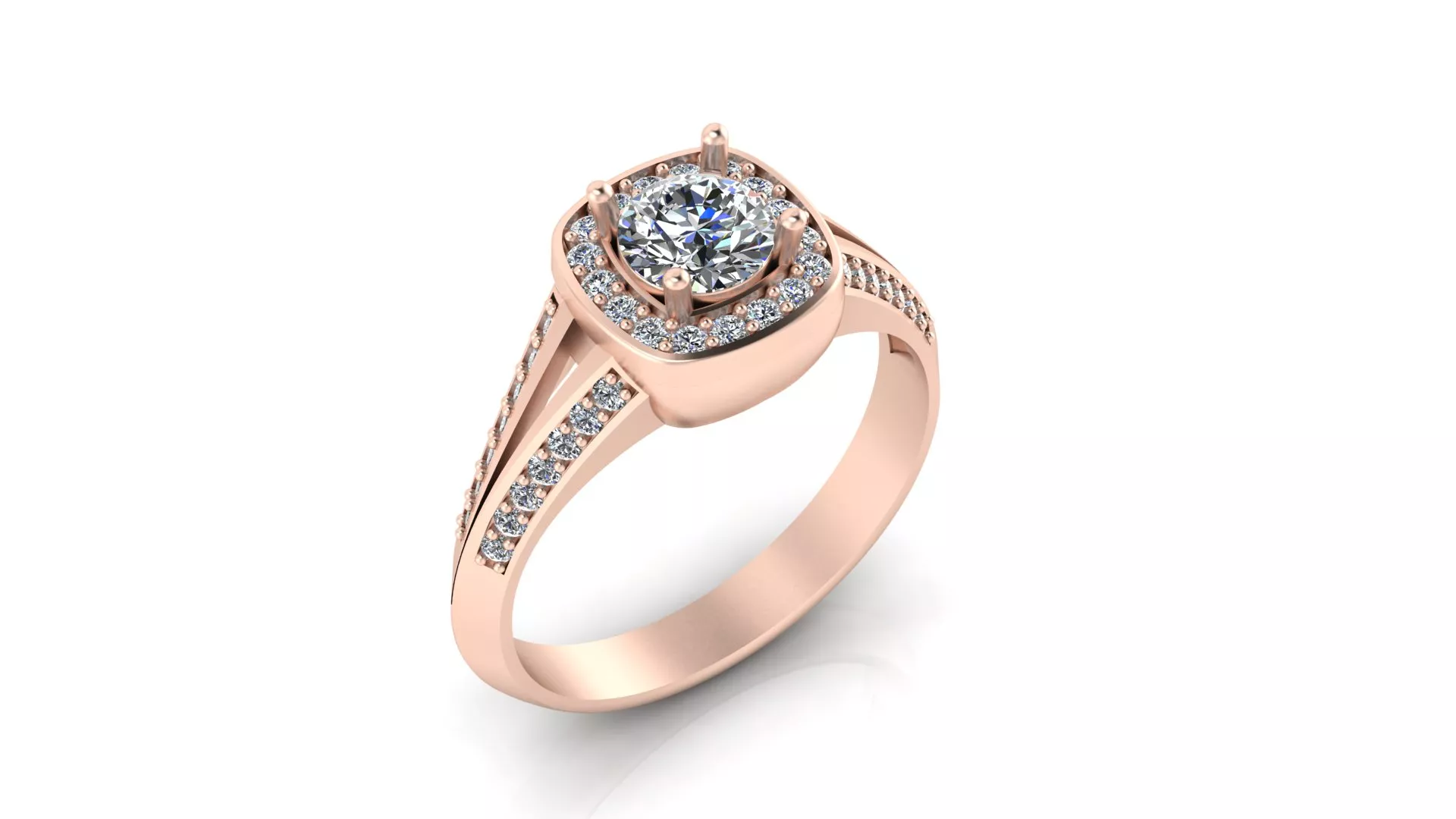 Rose Gold Cushion Halo Round Diamond Split Shank Ring 3D print model