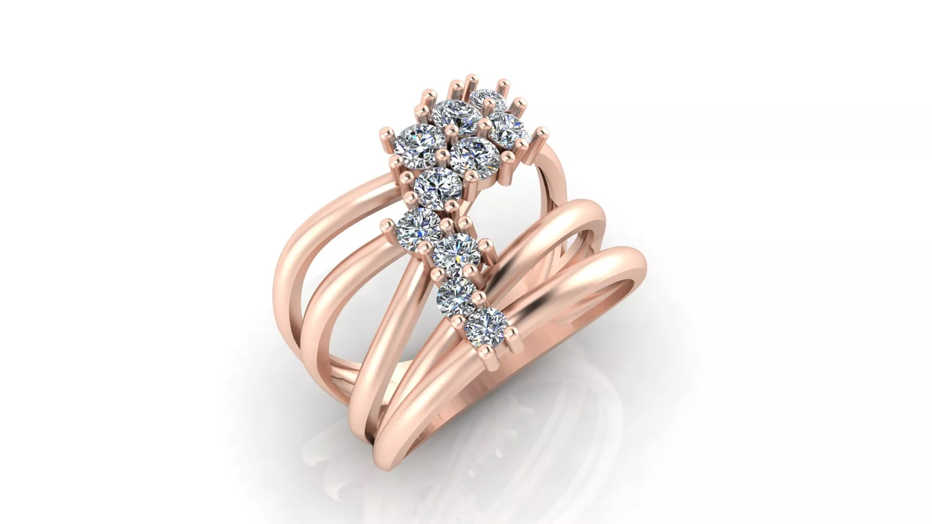 Rose Gold Multi Strand Diagonal Diamond Cluster Ring 3D print model