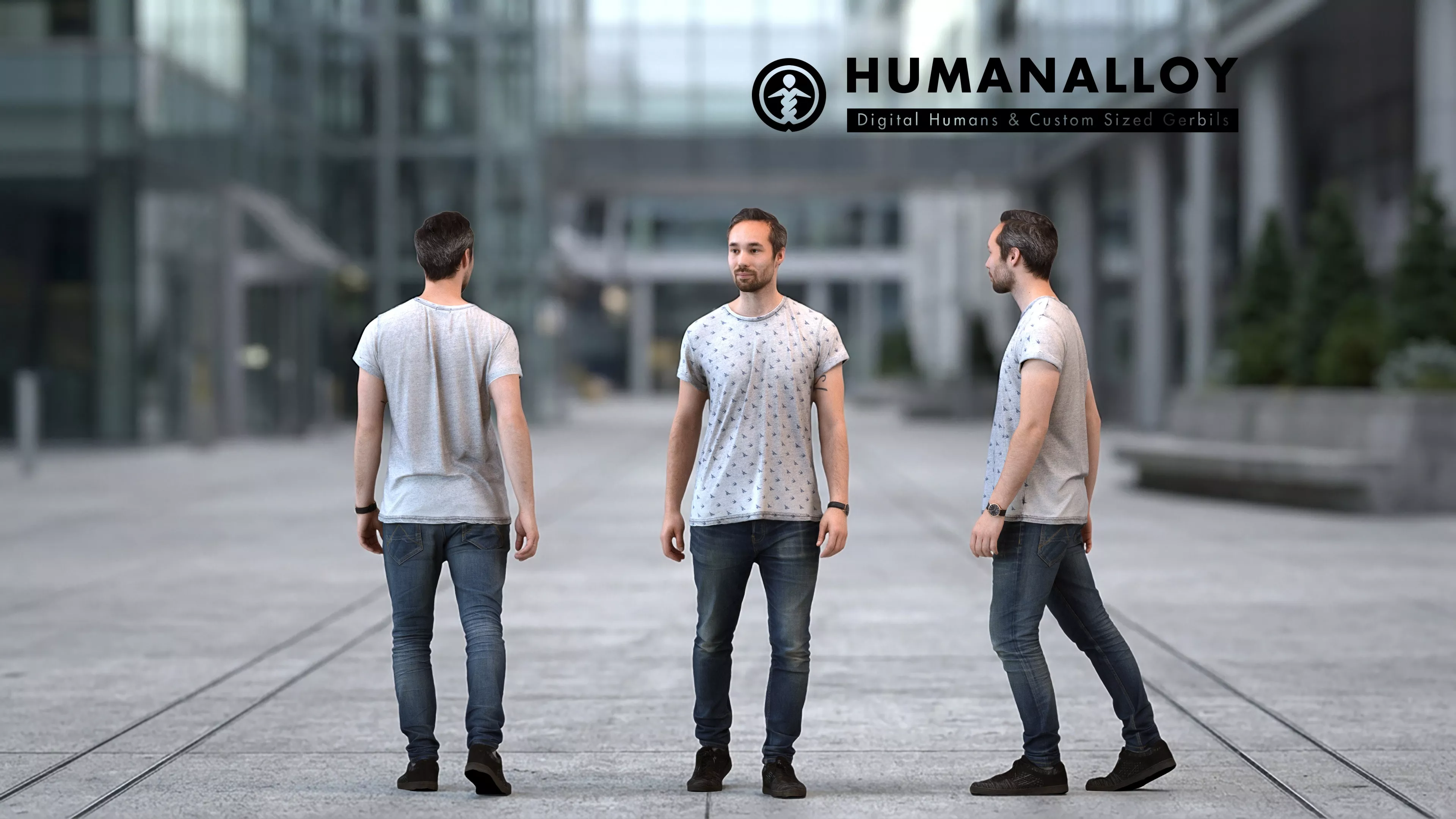 Adult Caucasian man walking through public space in 3D model