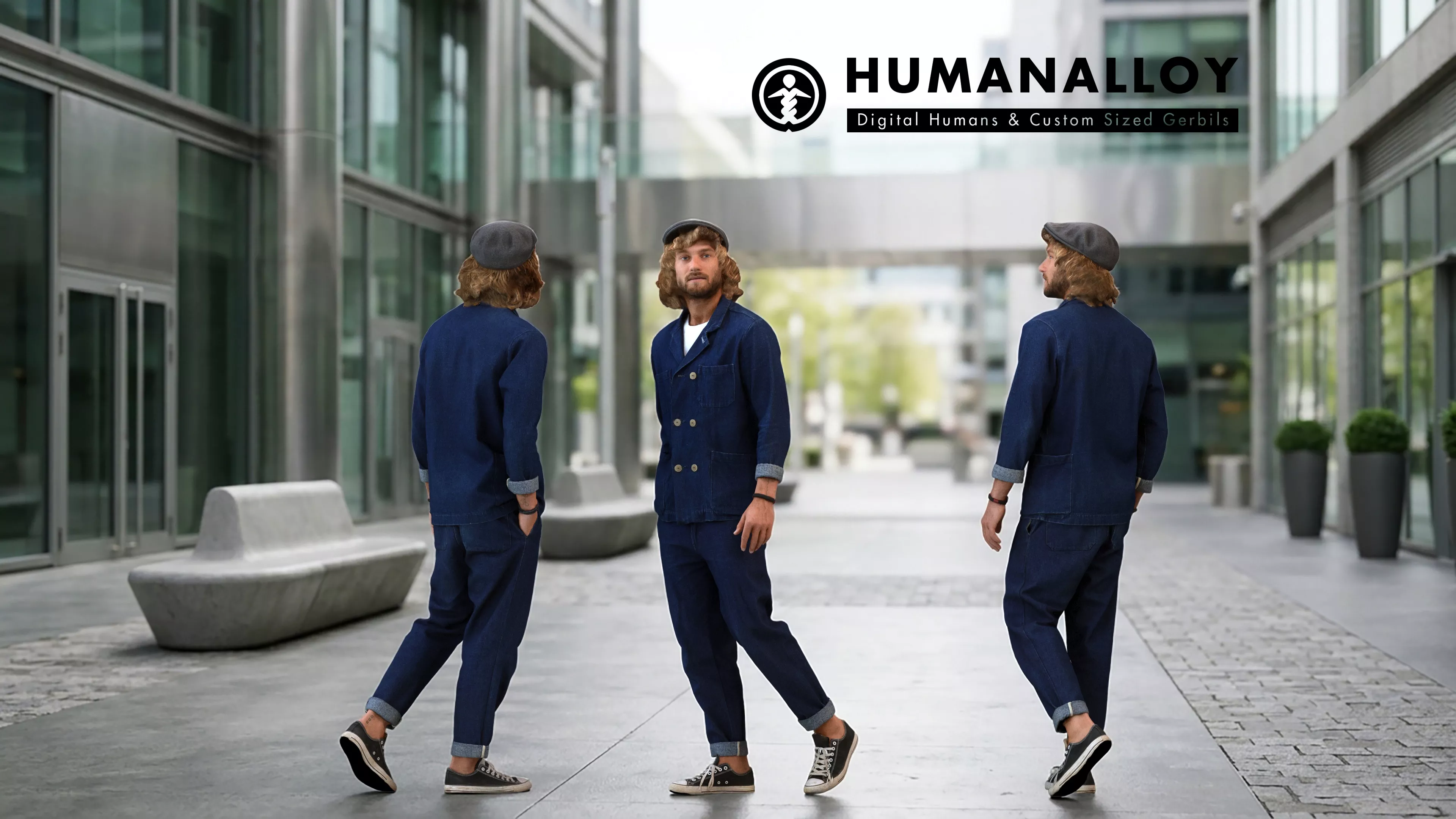 Adult Caucasian man walking through public space in 3D model