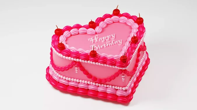 Pink Heart Birthday Cake with Cherries and Frosting