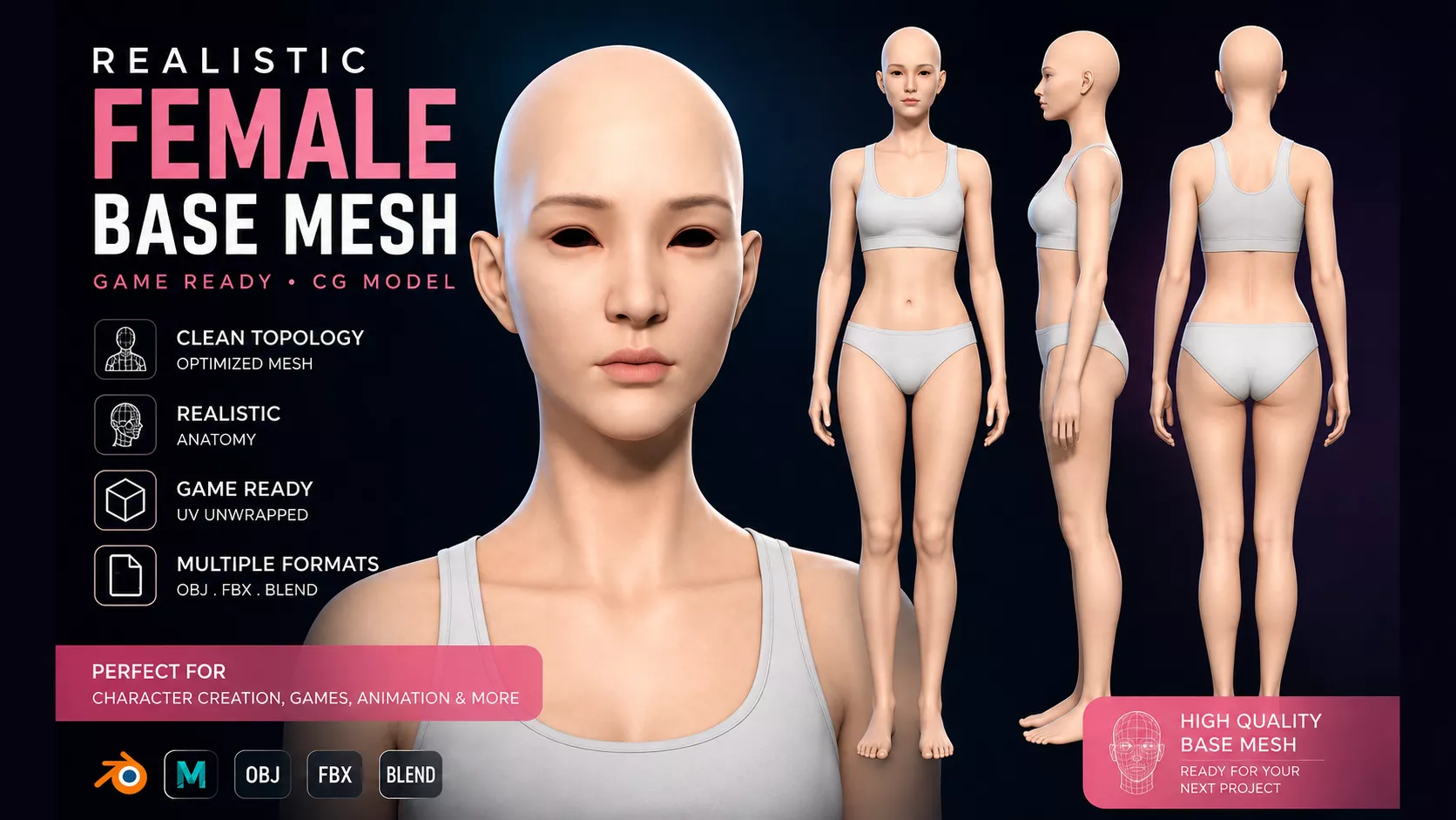 Realistic Female Base Mesh Low-poly 3D model