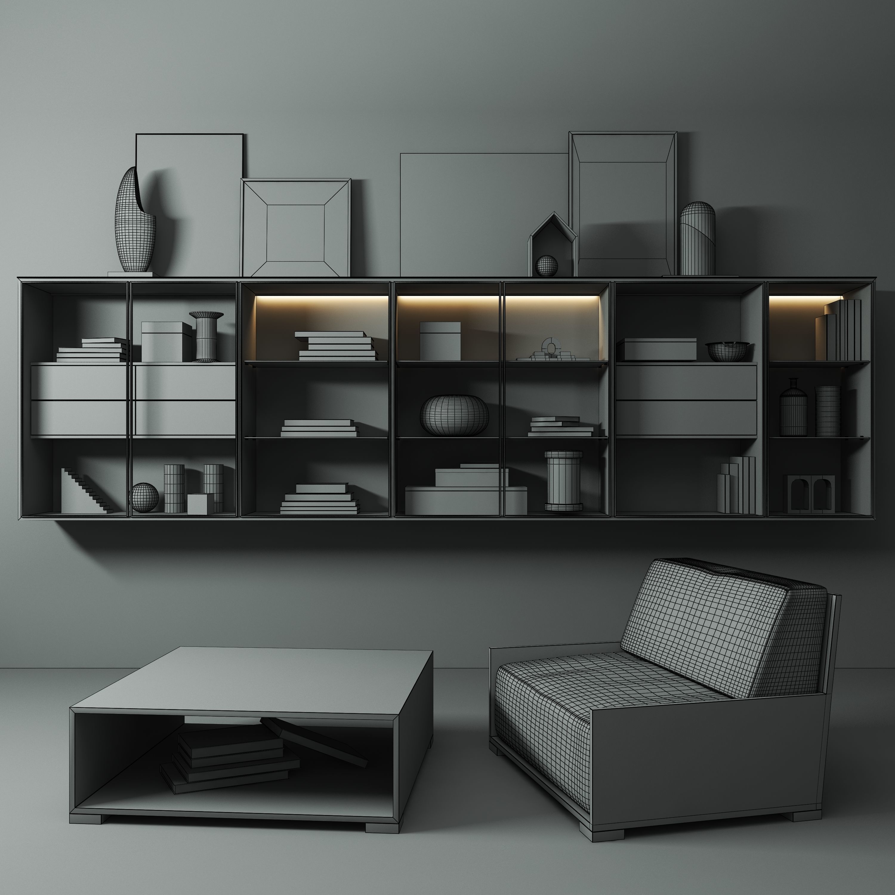 Decorative Set modern living room with furniture and bookshelves 3D model_4